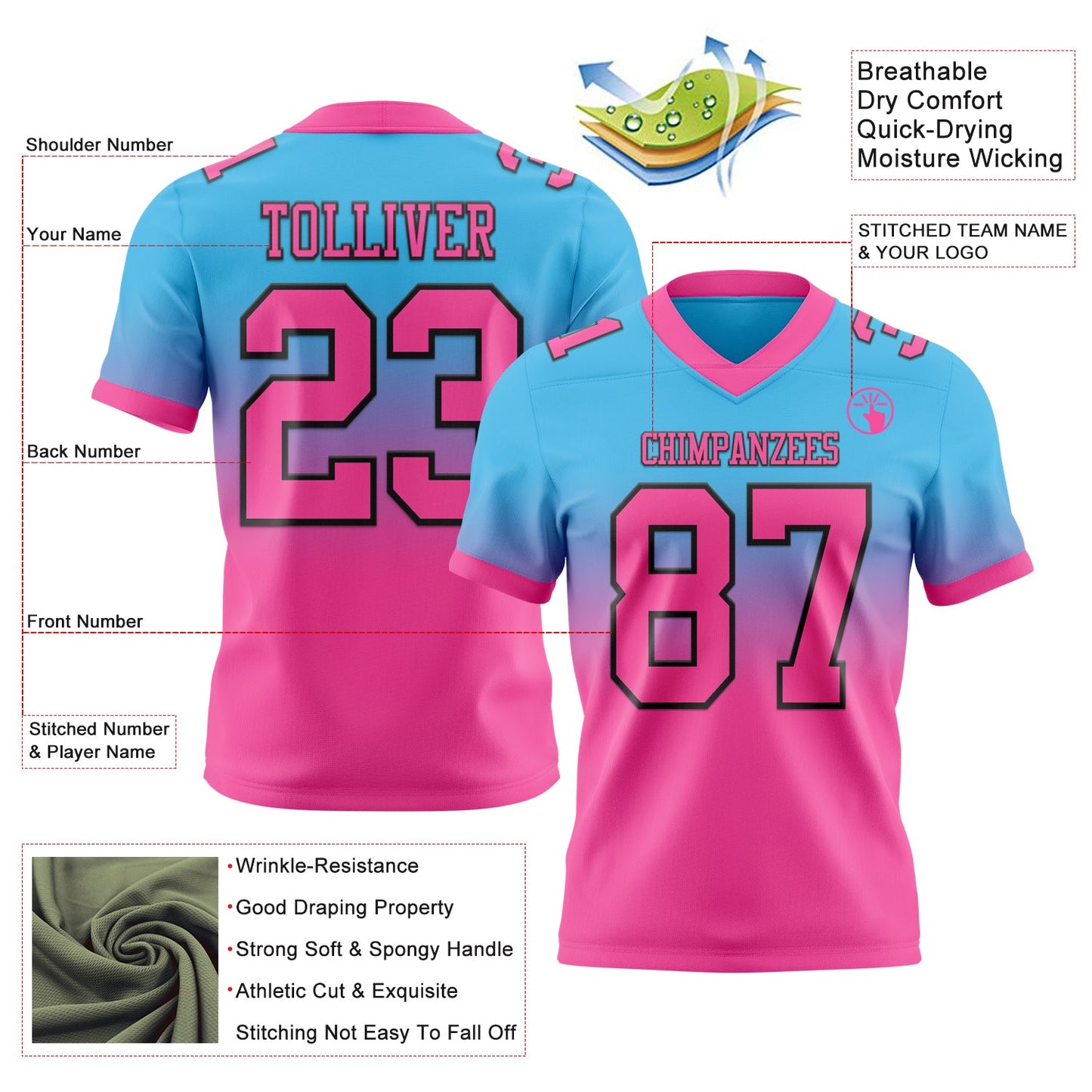 Custom Sky Blue Pink-Black Authentic Fade Fashion Football Jersey view 2