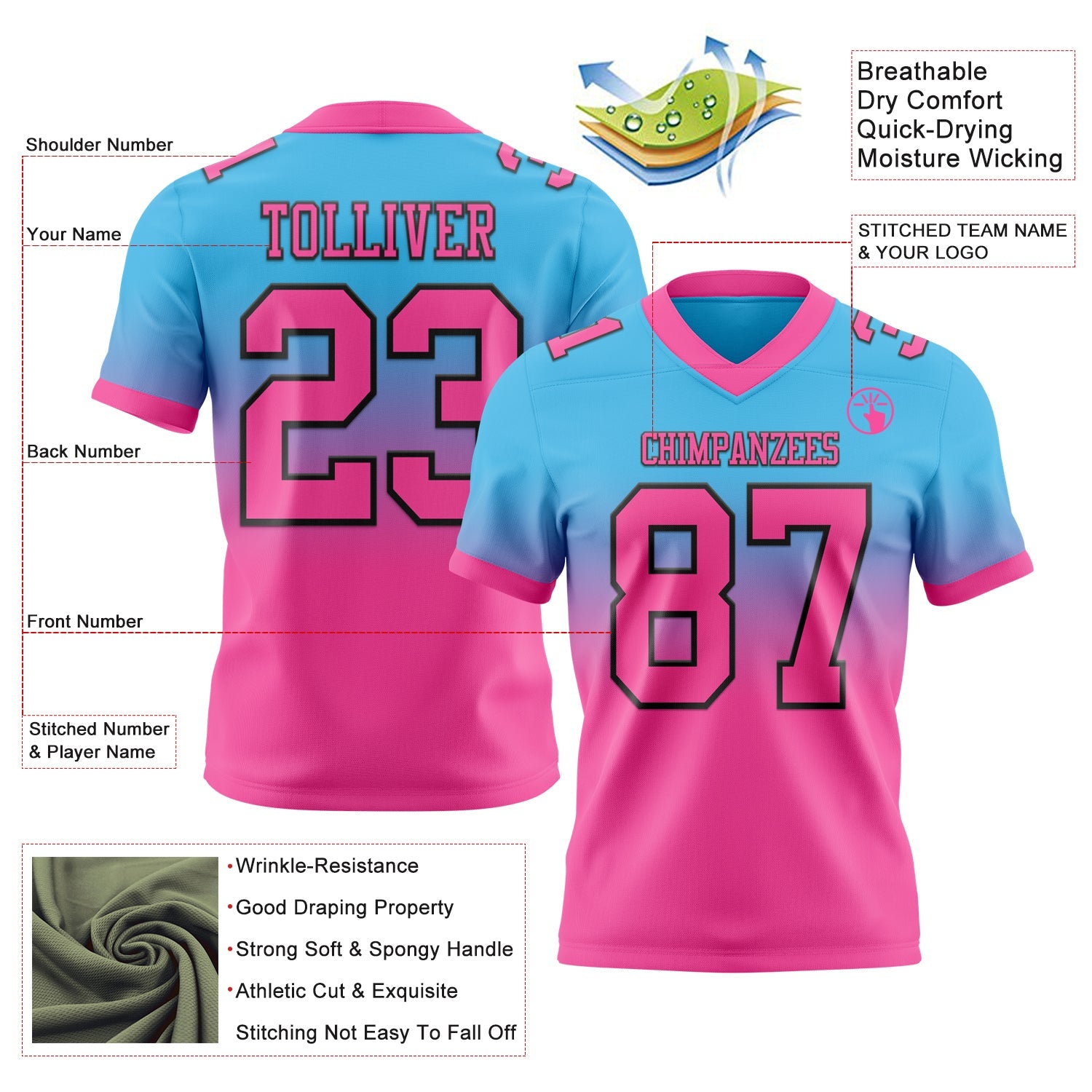 Custom Sky Blue Pink-Black Authentic Fade Fashion Football Jersey view 2