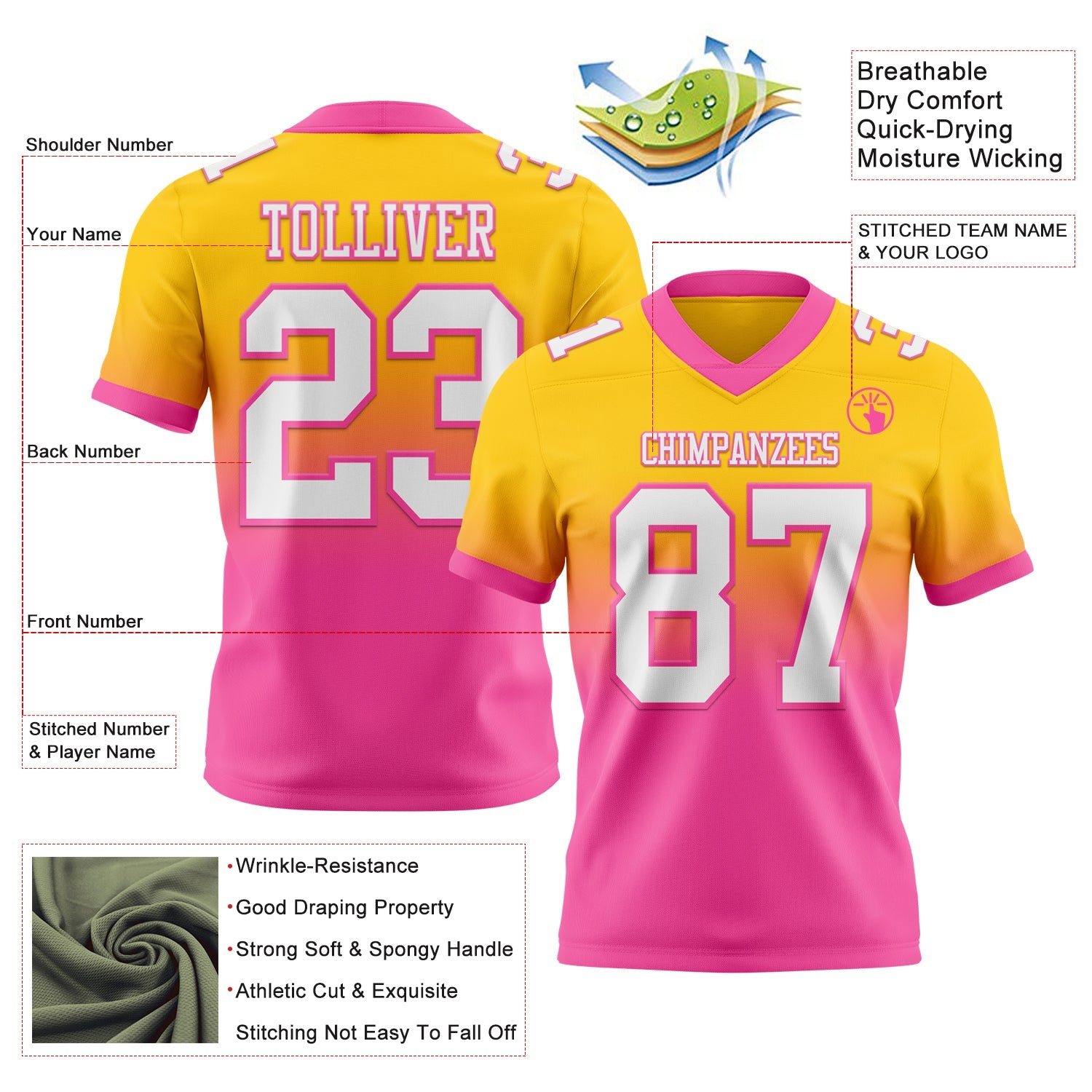Custom Yellow White-Pink Authentic Fade Fashion Football Jersey view 2