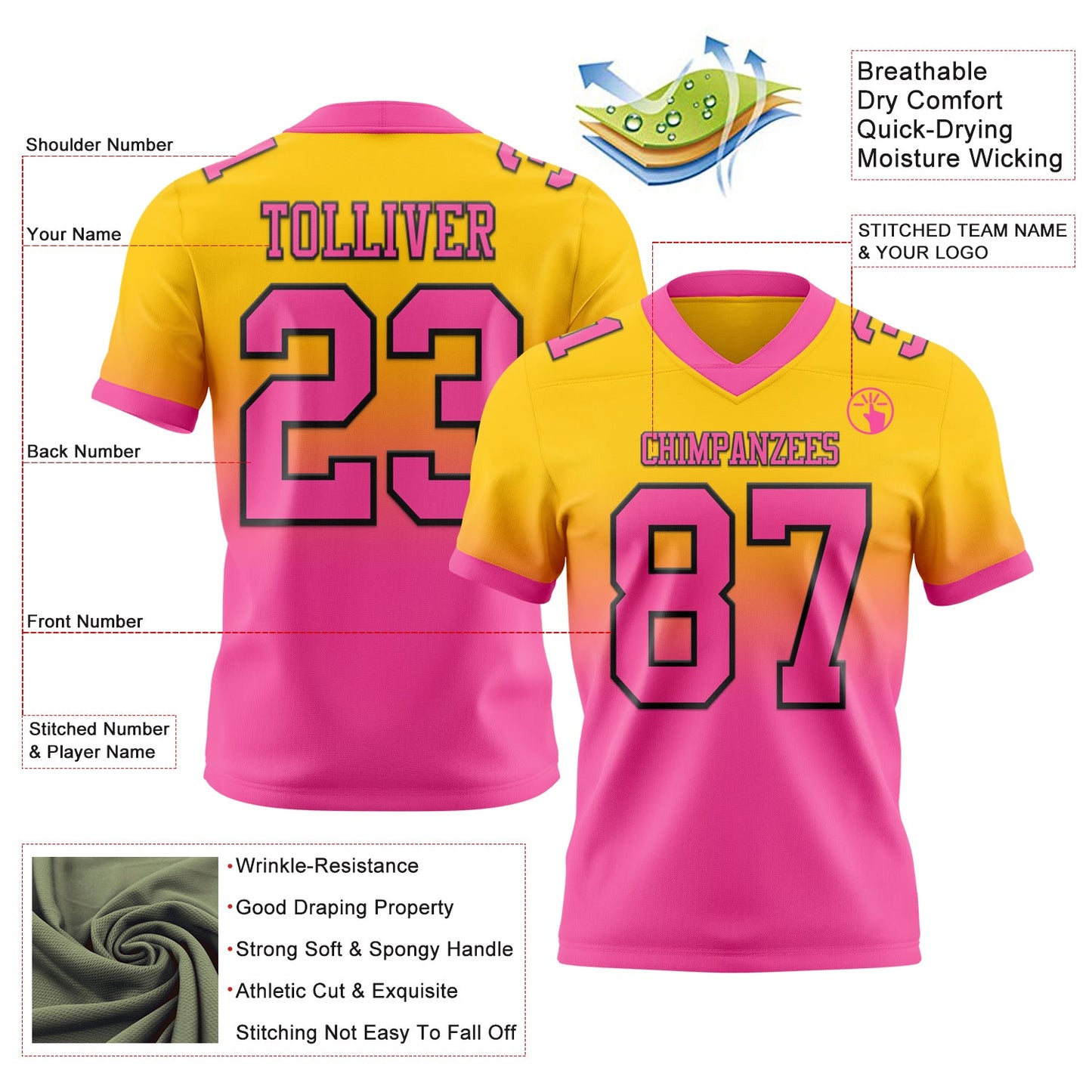 Custom Yellow Pink-Black Authentic Fade Fashion Football Jersey view 2