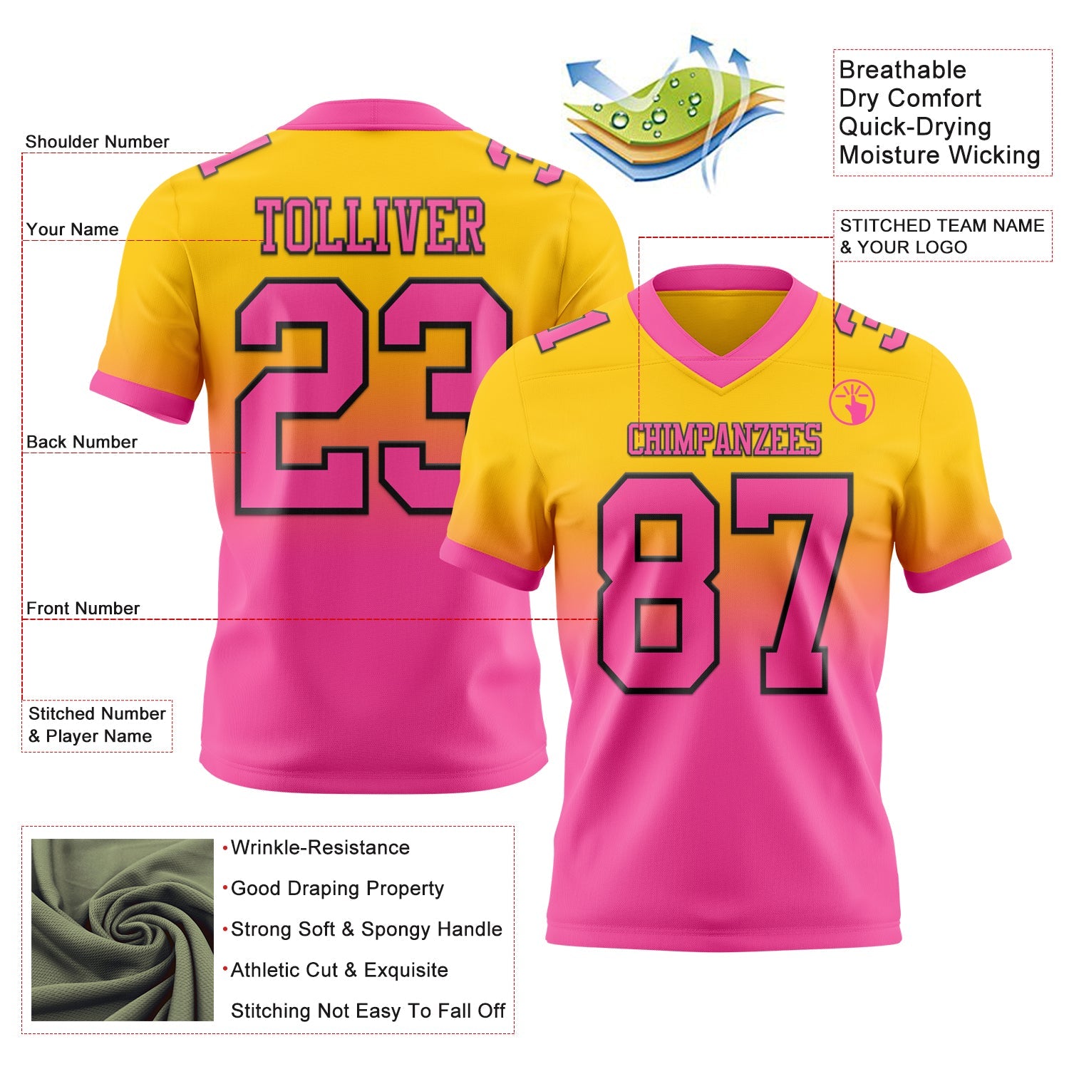 Custom Yellow Pink-Black Authentic Fade Fashion Football Jersey view 2