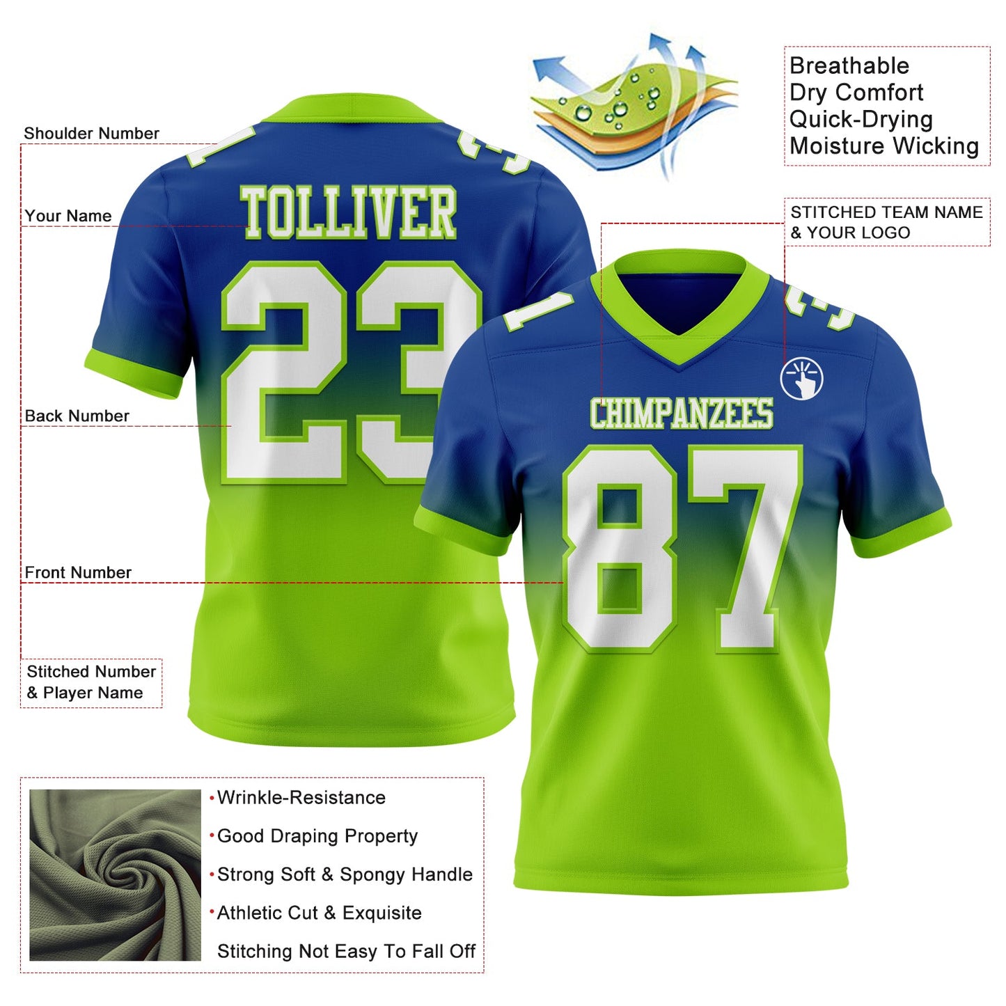 Custom Royal White-Neon Green Authentic Fade Fashion Football Jersey view 2