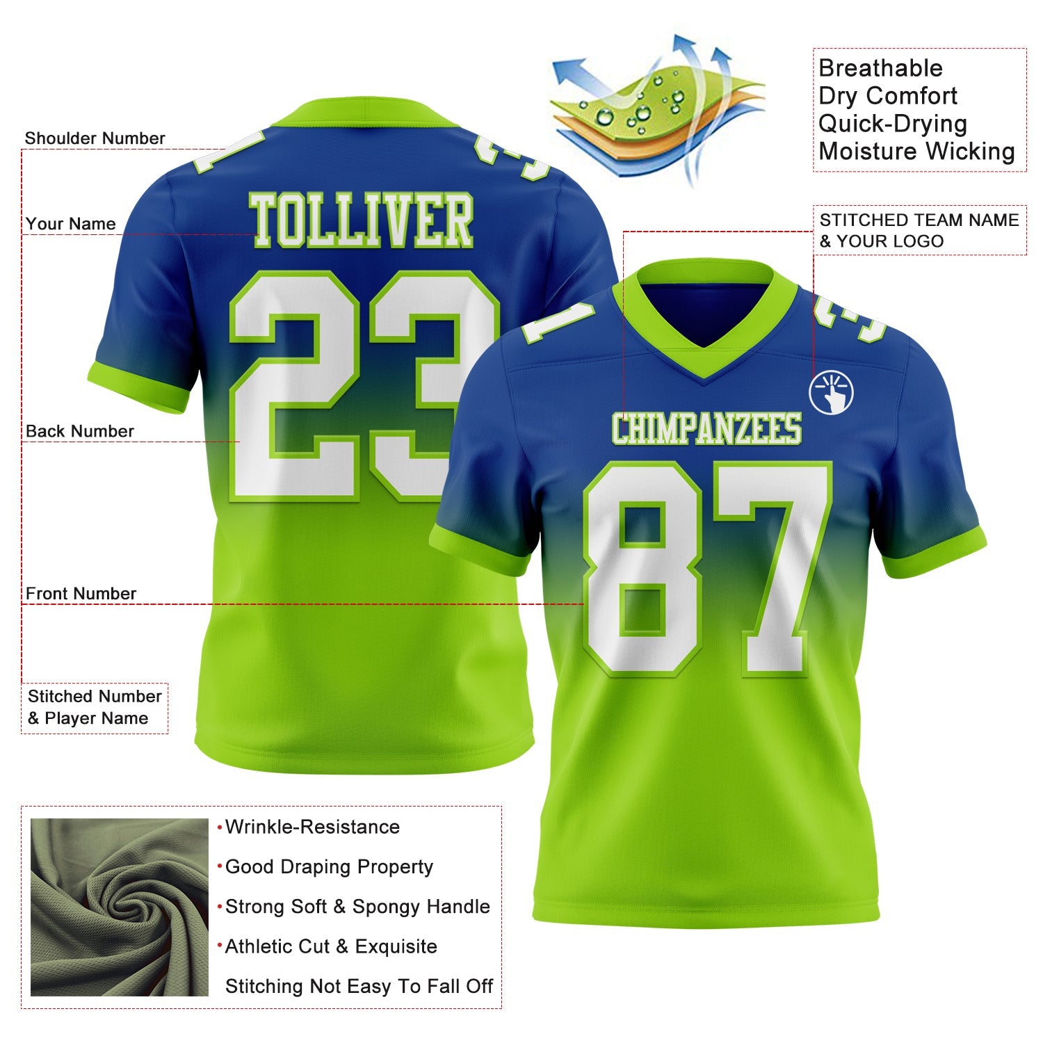 Custom Royal White-Neon Green Authentic Fade Fashion Football Jersey view 2