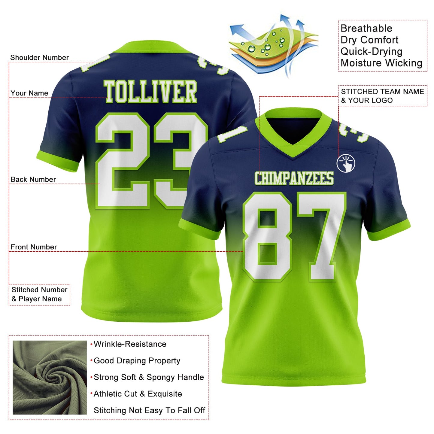 Custom Navy White-Neon Green Authentic Fade Fashion Football Jersey view 2