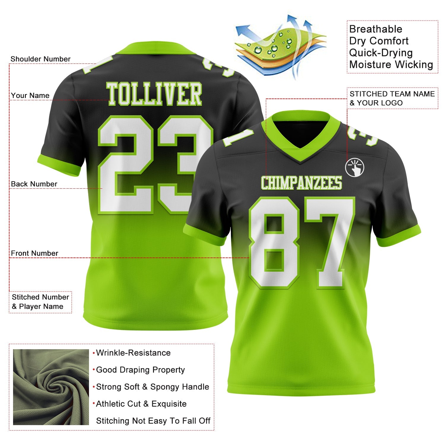 Custom Black White-Neon Green Authentic Fade Fashion Football Jersey view 2