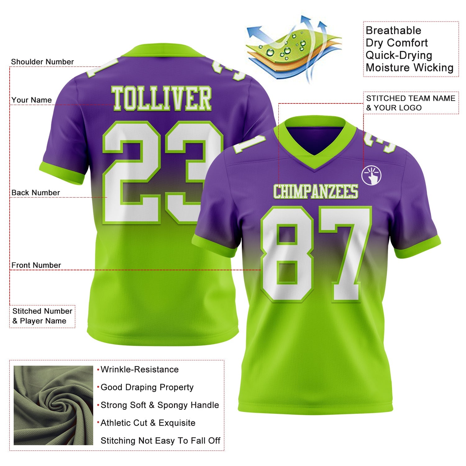 Custom Purple White-Neon Green Authentic Fade Fashion Football Jersey view 2