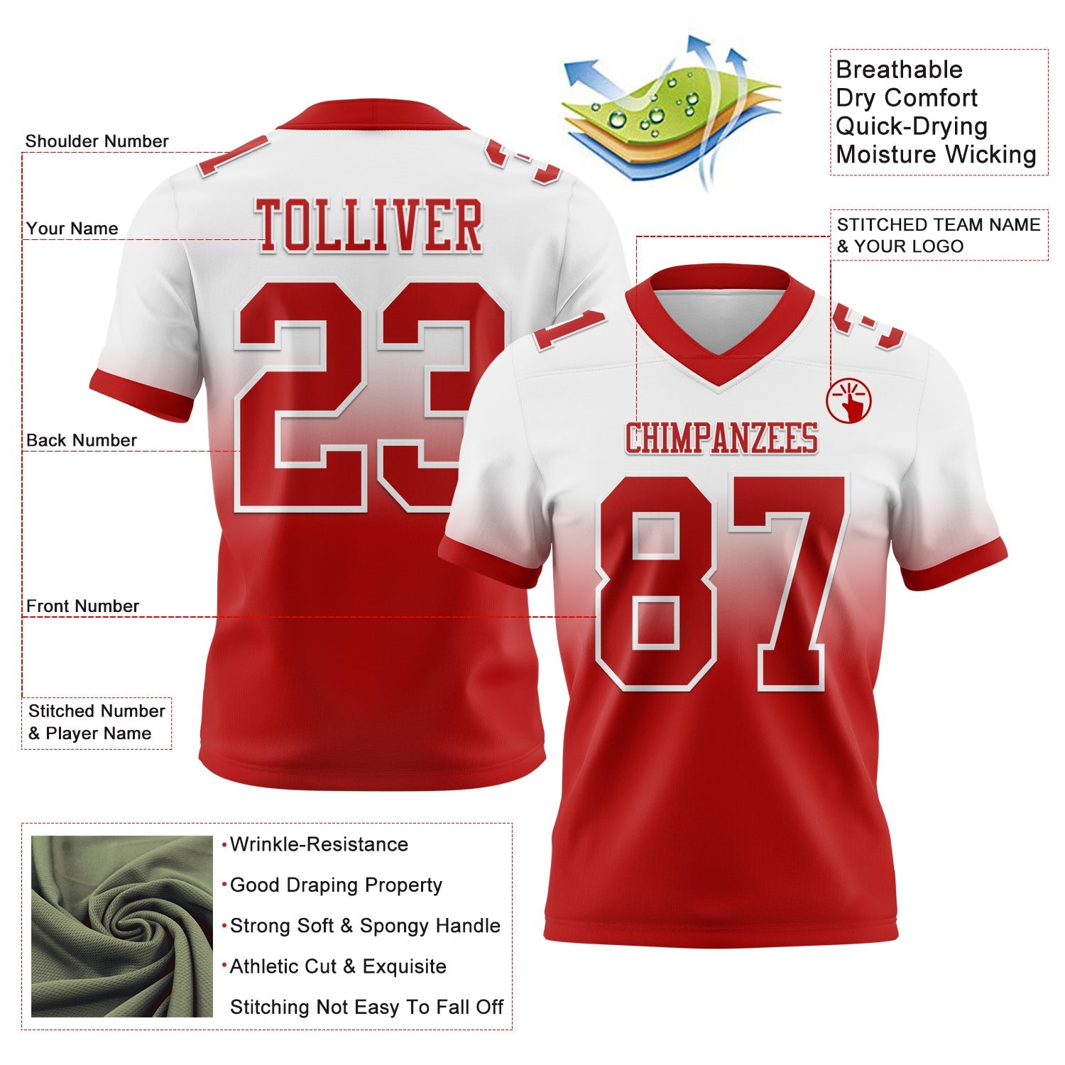 Custom White Red Authentic Fade Fashion Football Jersey view 2