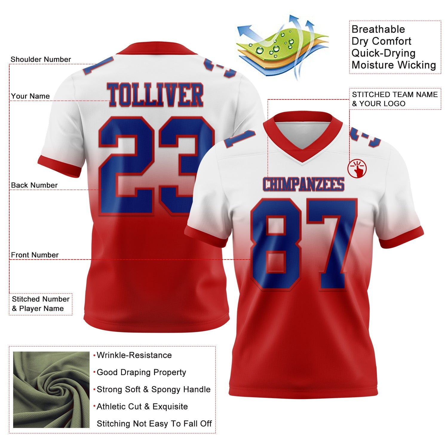 Custom White Royal-Red Authentic Fade Fashion Football Jersey view 2