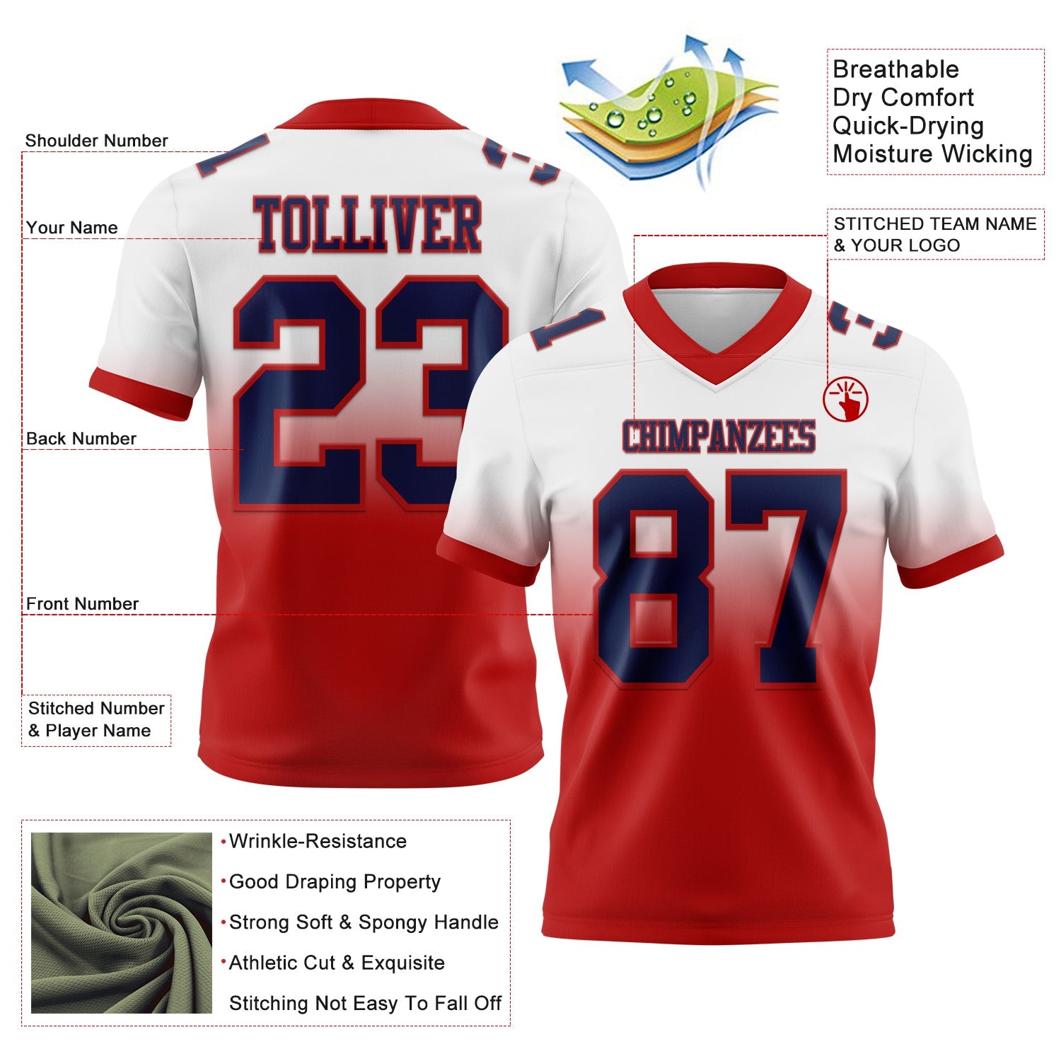Custom White Navy-Red Authentic Fade Fashion Football Jersey view 2