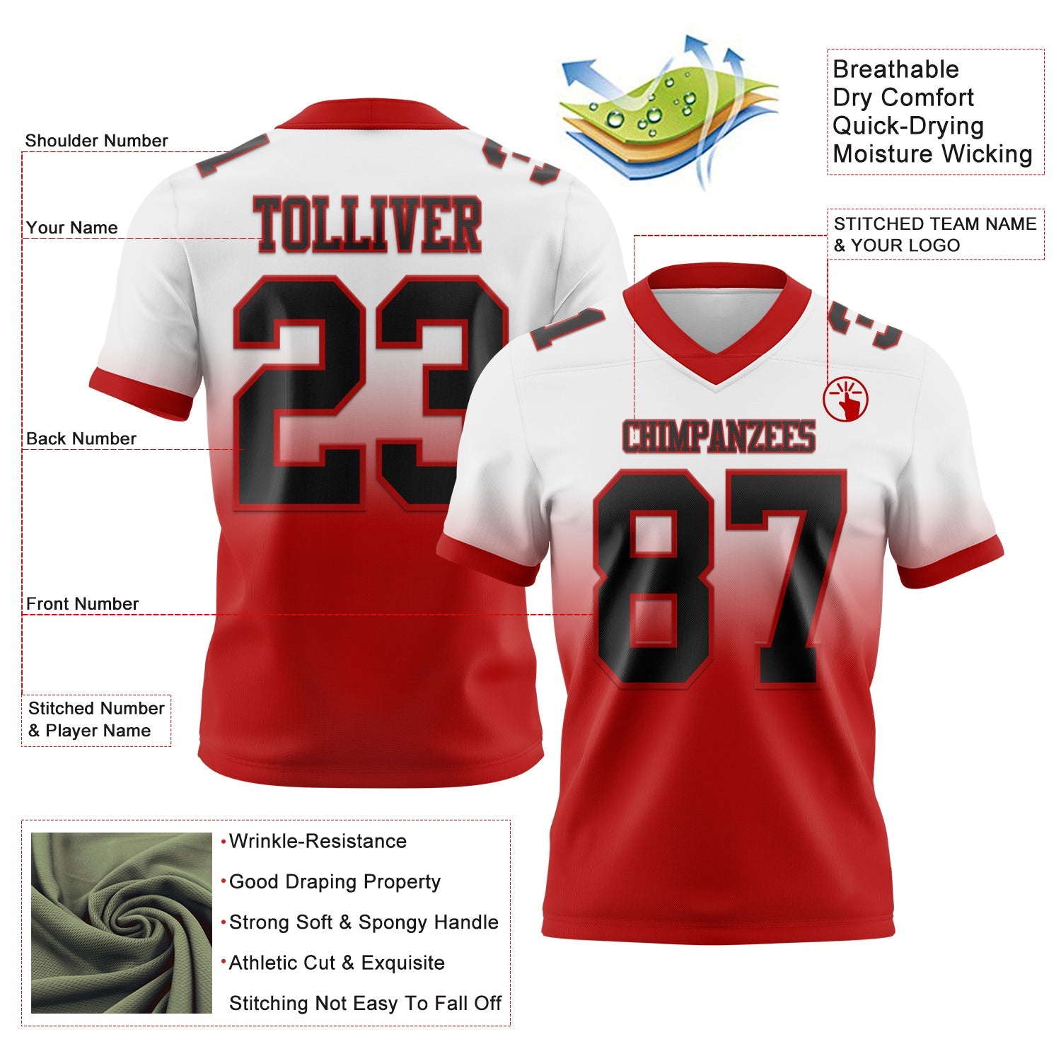 Custom White Black-Red Authentic Fade Fashion Football Jersey view 2