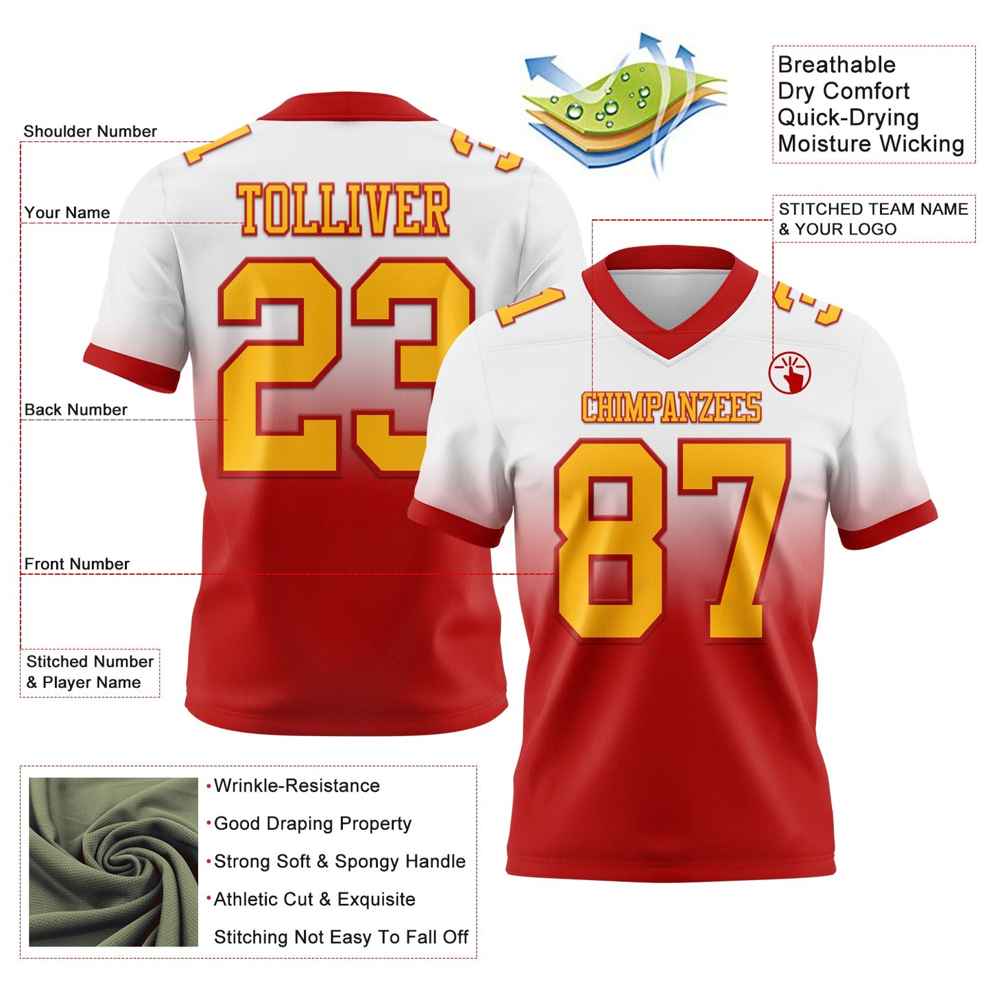 Custom White Gold-Red Authentic Fade Fashion Football Jersey view 2