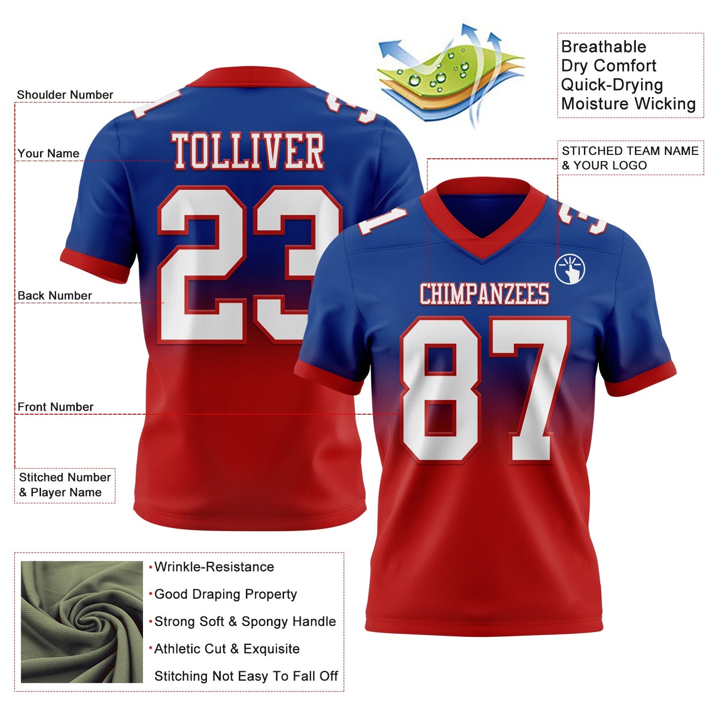 Custom Royal White-Red Authentic Fade Fashion Football Jersey view 2