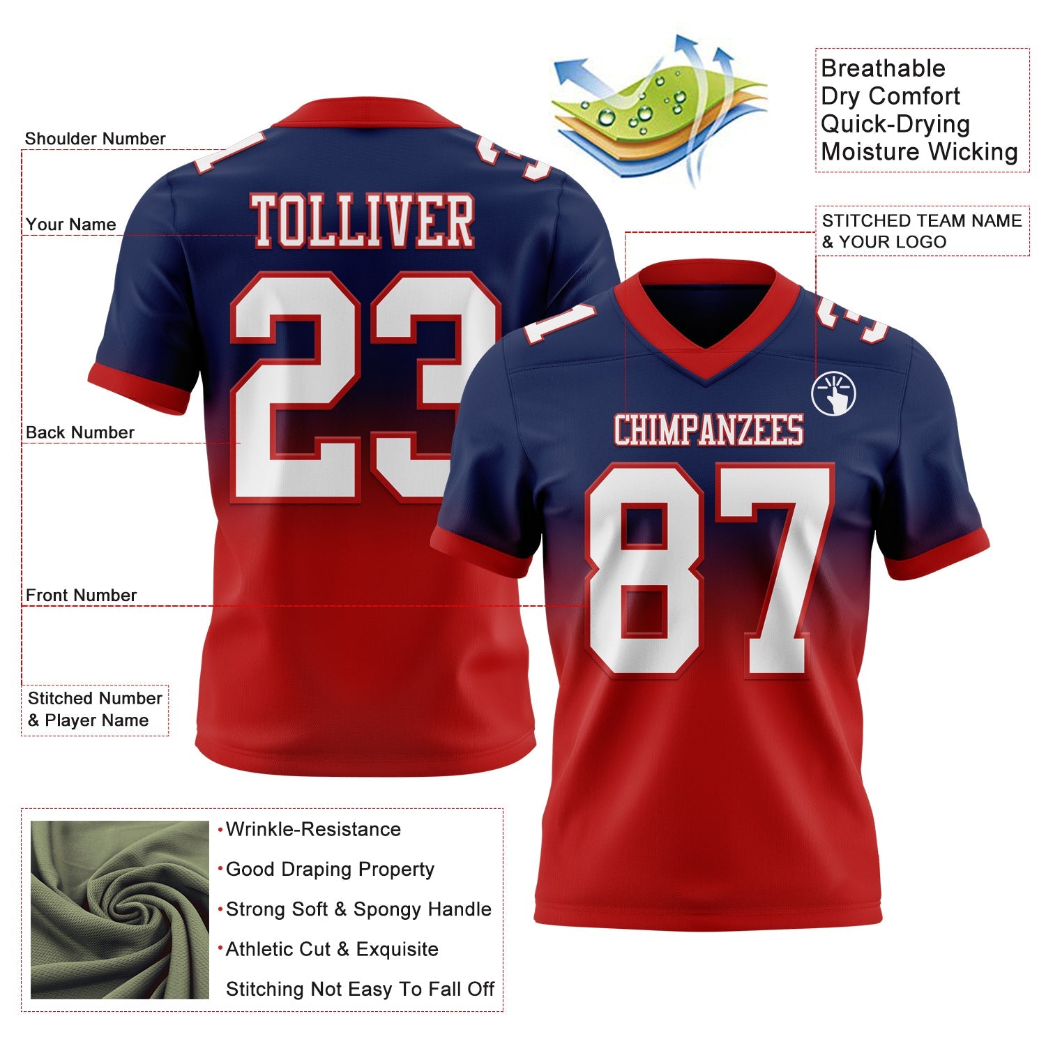 Custom Navy White-Red Authentic Fade Fashion Football Jersey view 2
