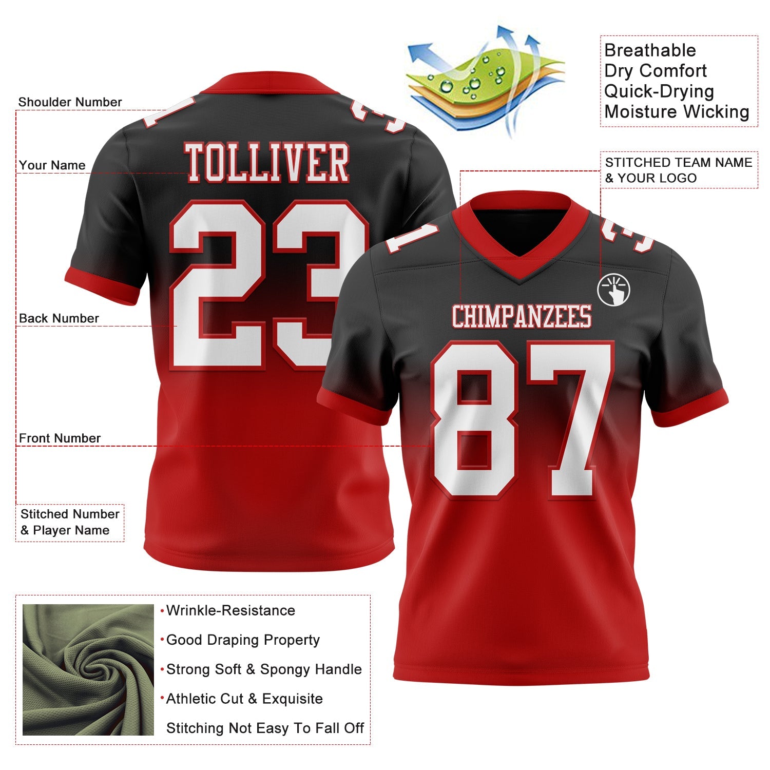 Custom Black White-Red Authentic Fade Fashion Football Jersey view 2