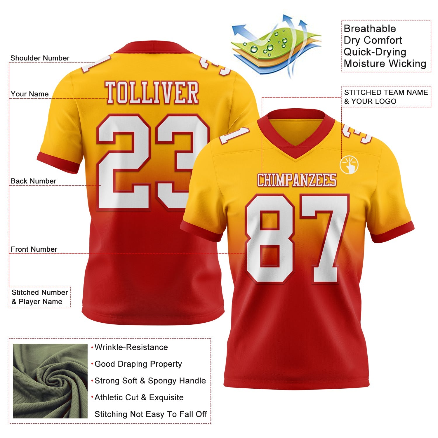 Custom Gold White-Red Authentic Fade Fashion Football Jersey view 2