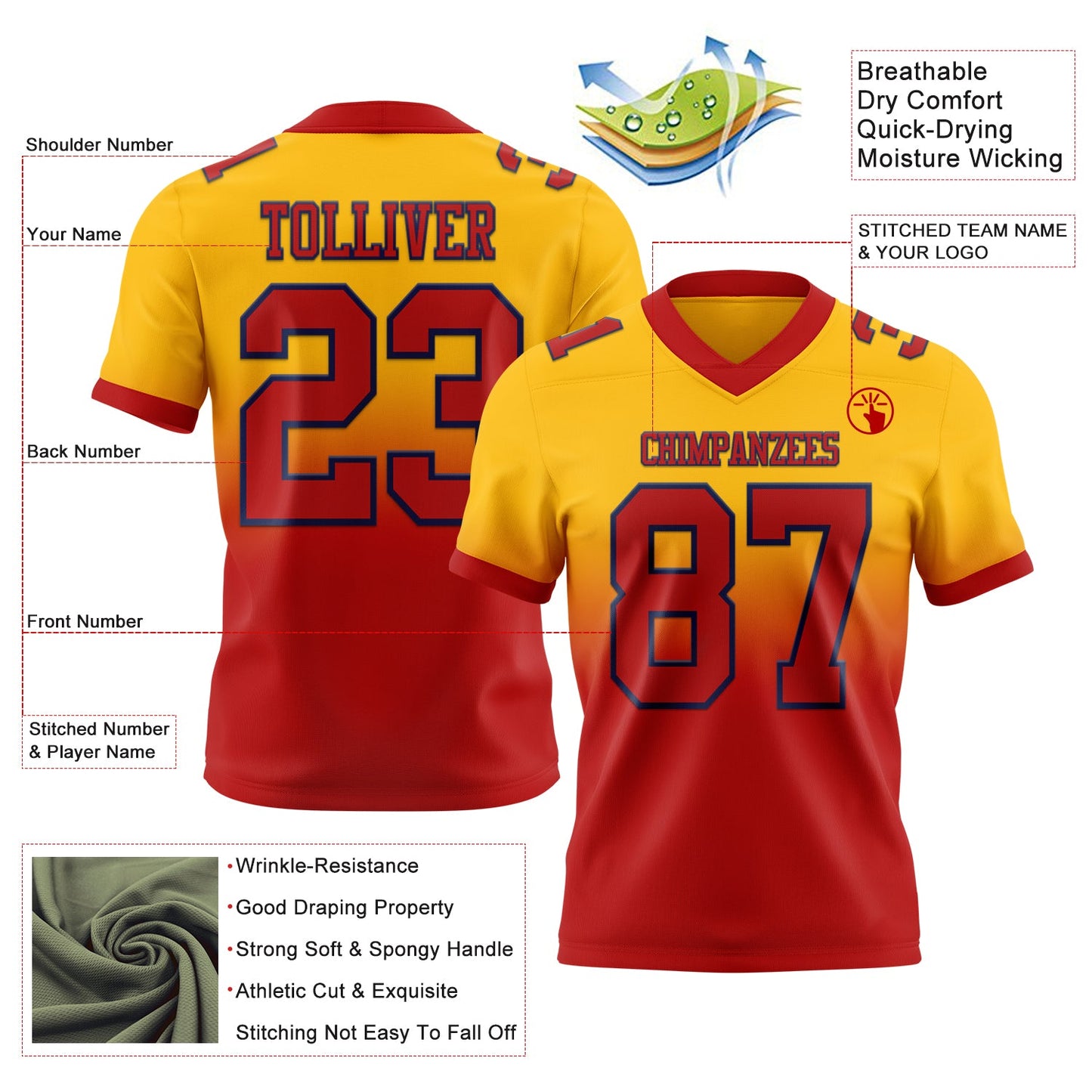 Custom Gold Red-Navy Authentic Fade Fashion Football Jersey view 2