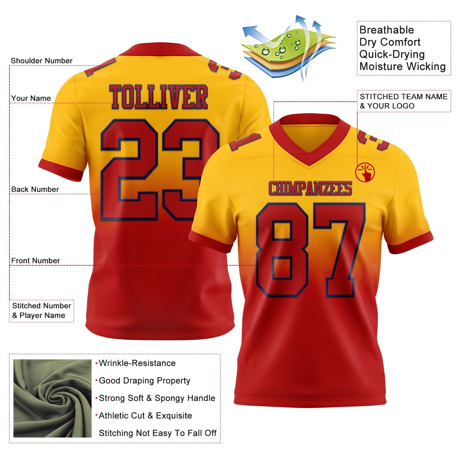 Custom Gold Red-Navy Authentic Fade Fashion Football Jersey view 2