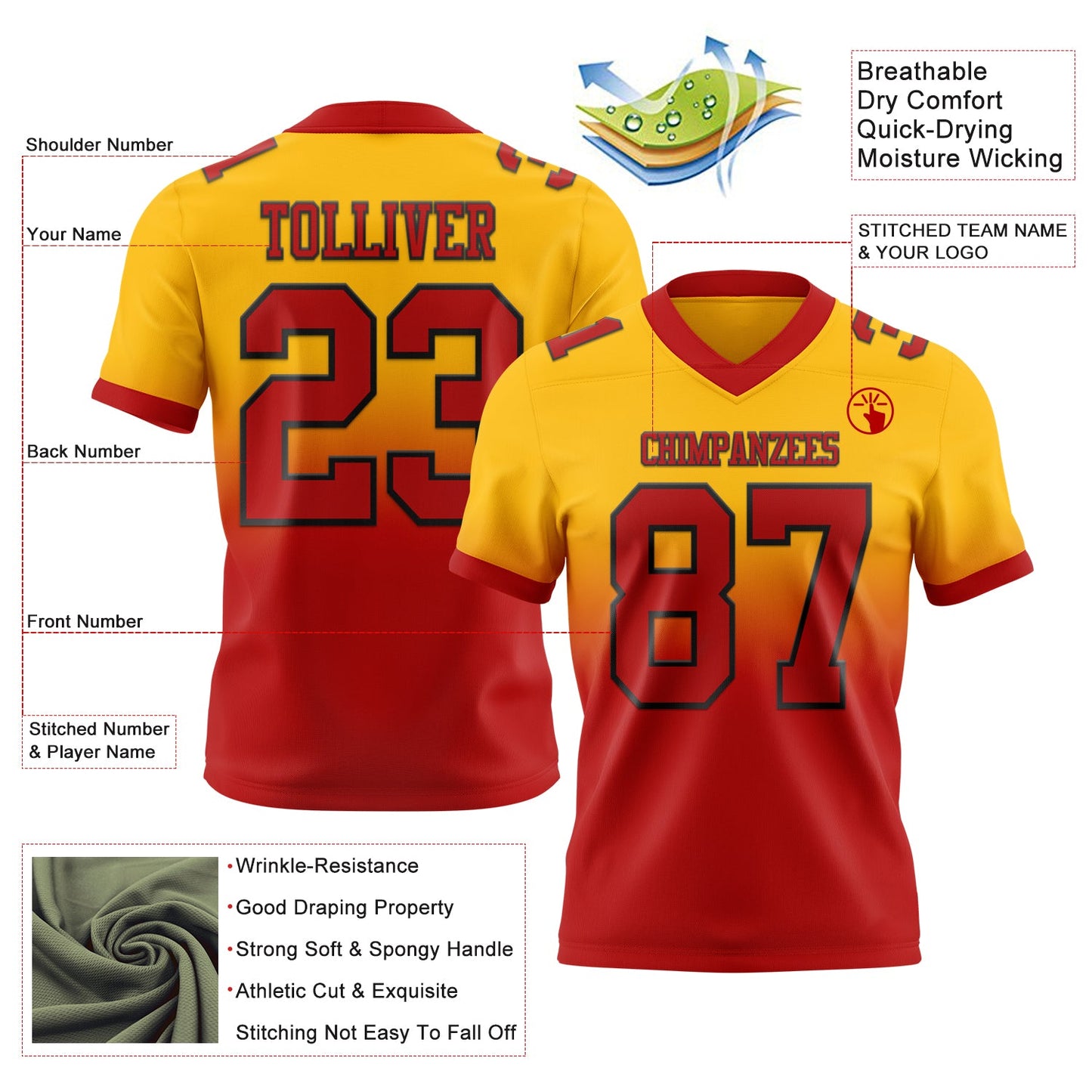 Custom Gold Red-Black Authentic Fade Fashion Football Jersey view 2
