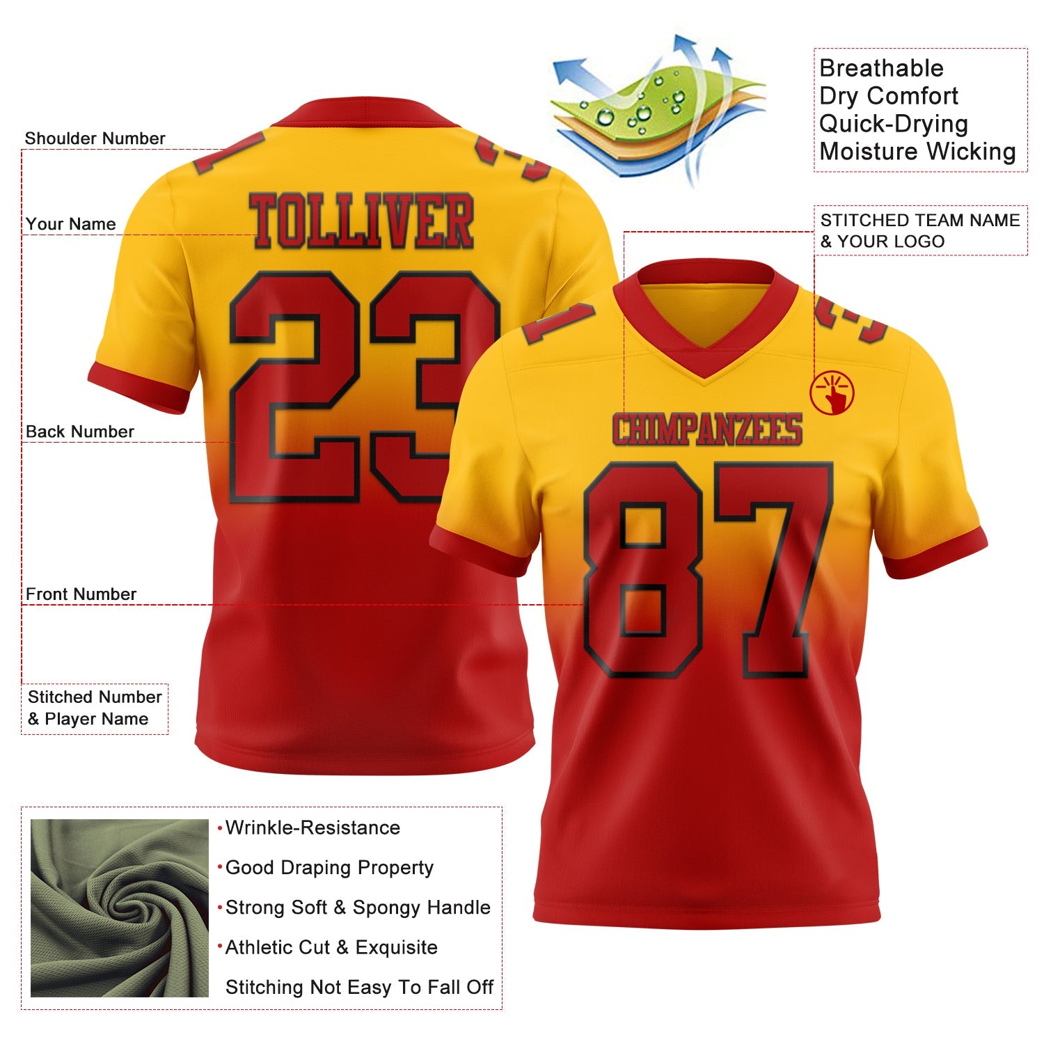 Custom Gold Red-Black Authentic Fade Fashion Football Jersey view 2