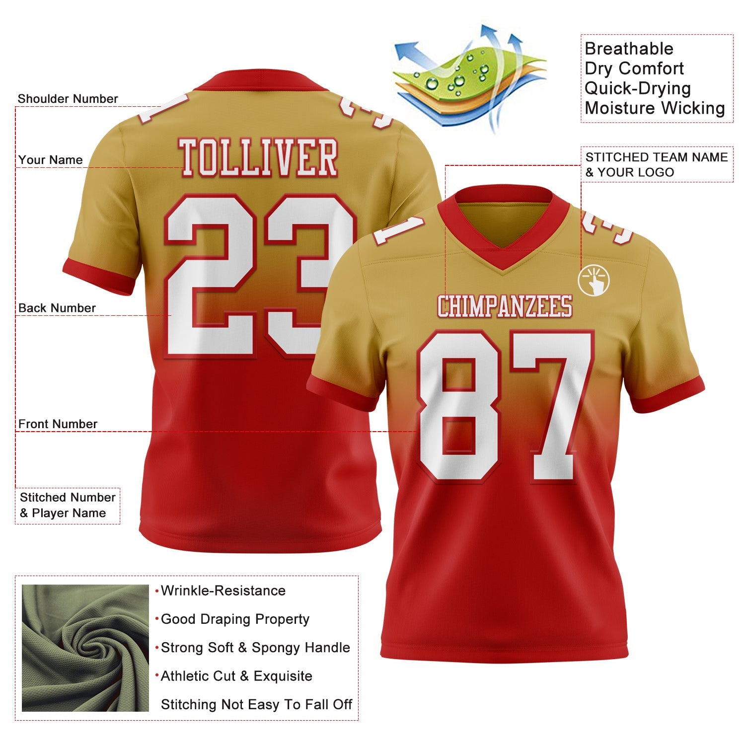 Custom Old Gold White-Red Authentic Fade Fashion Football Jersey view 2