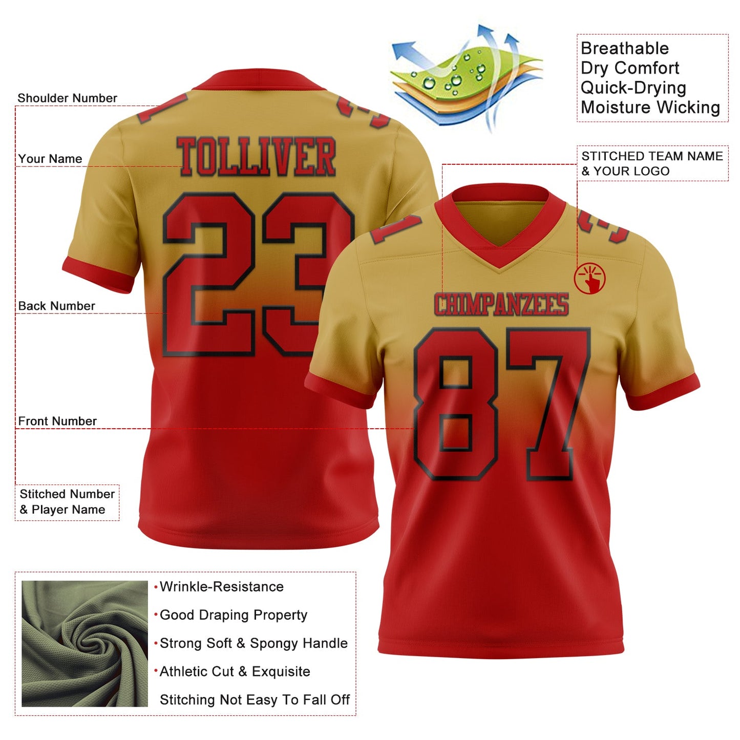 Custom Old Gold White-Black Authentic Fade Fashion Football Jersey view 2
