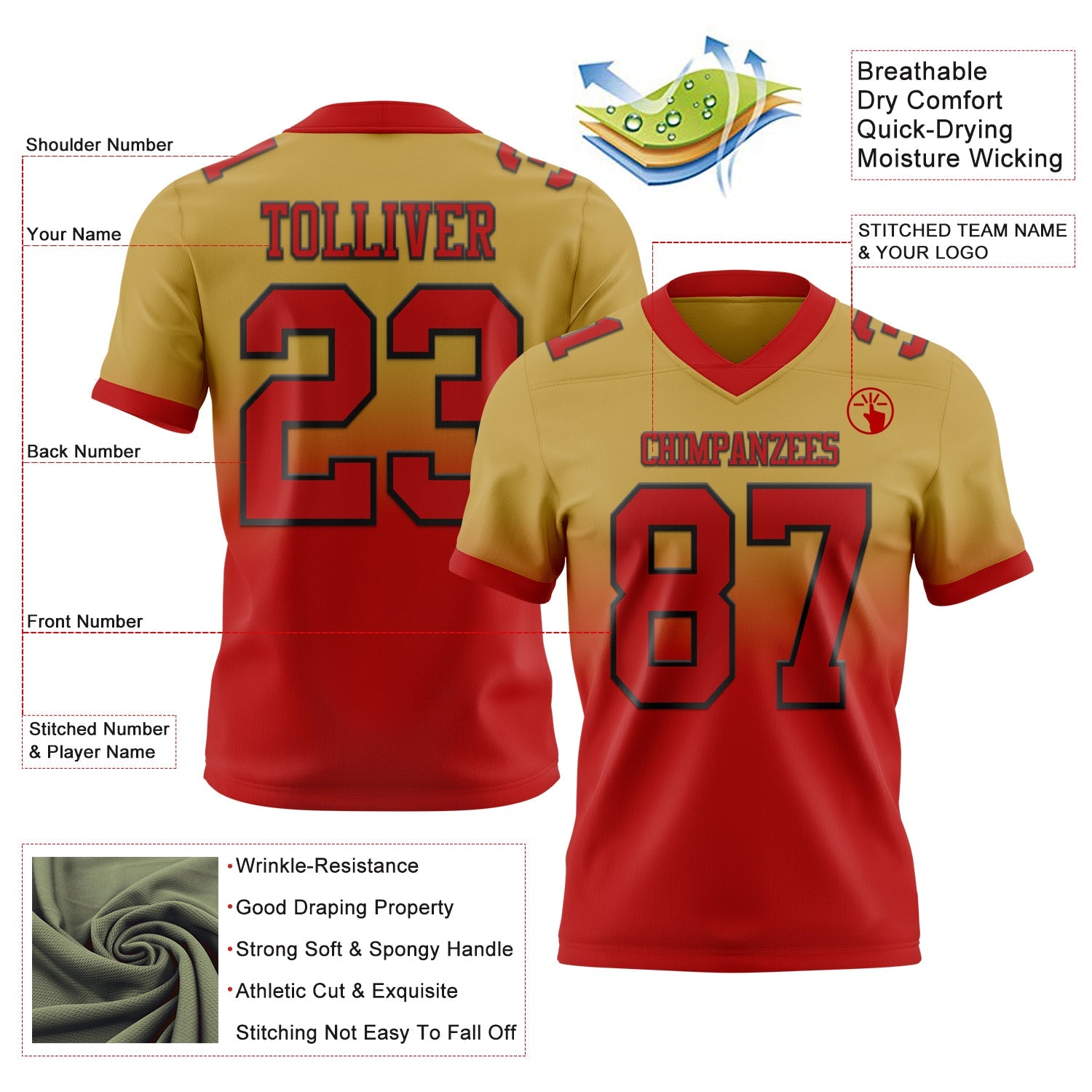 Custom Old Gold White-Black Authentic Fade Fashion Football Jersey view 2