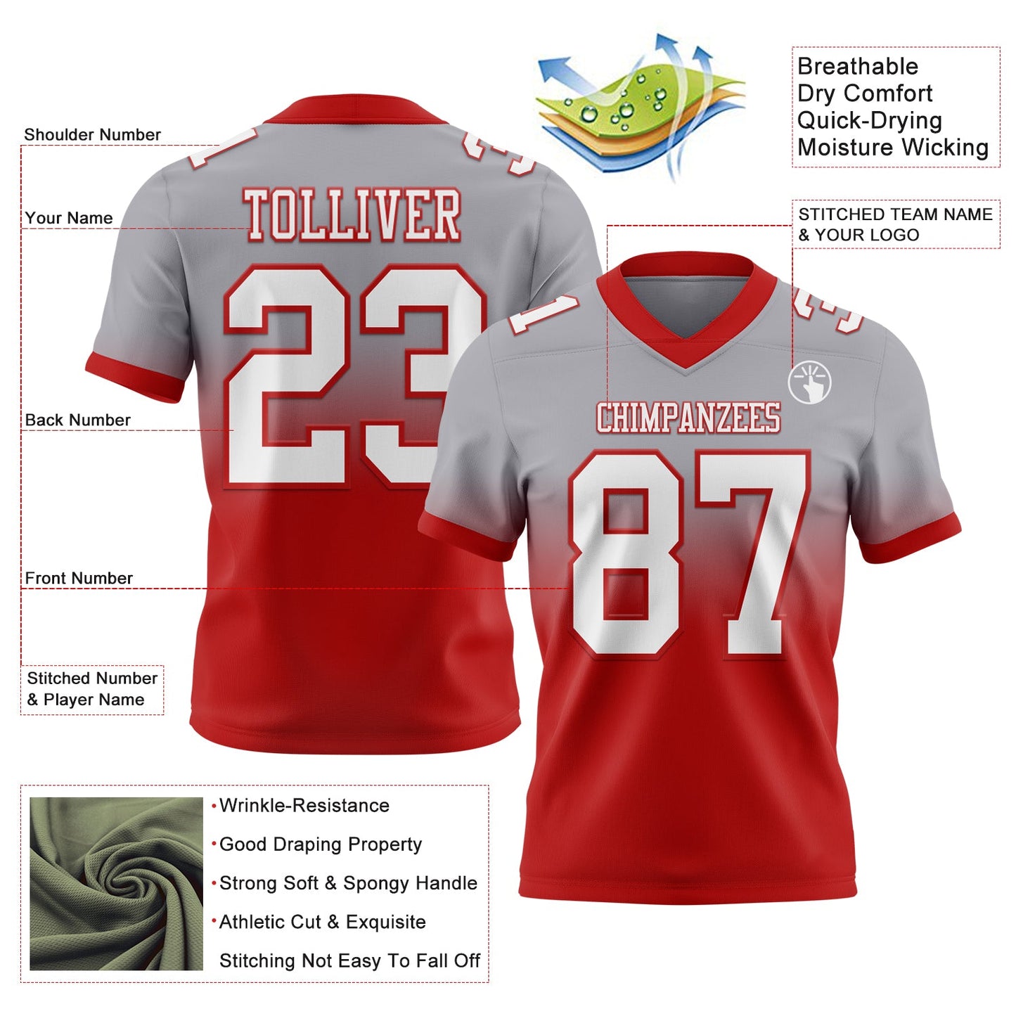 Custom Gray White-Red Authentic Fade Fashion Football Jersey view 2