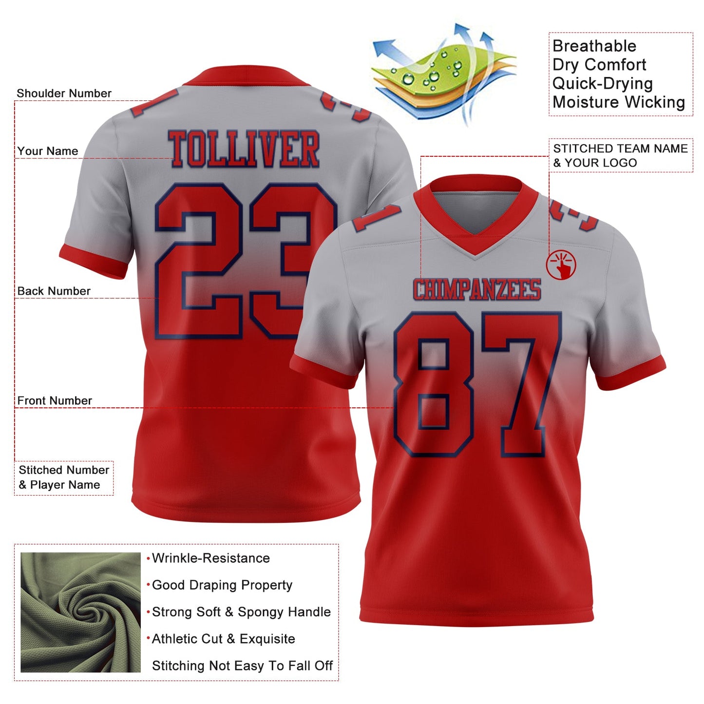 Custom Gray Red-Navy Authentic Fade Fashion Football Jersey view 2