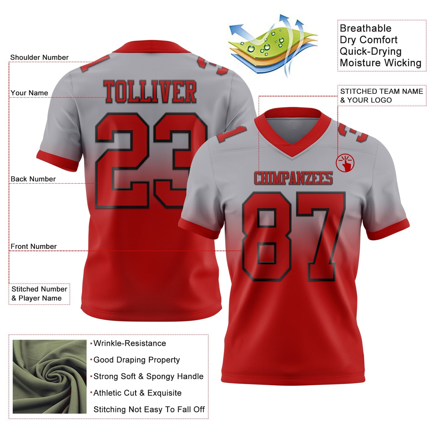 Custom Gray Red-Black Authentic Fade Fashion Football Jersey view 2