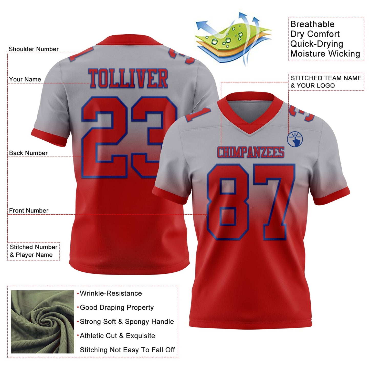 Custom Gray Red-Royal Authentic Fade Fashion Football Jersey view 2