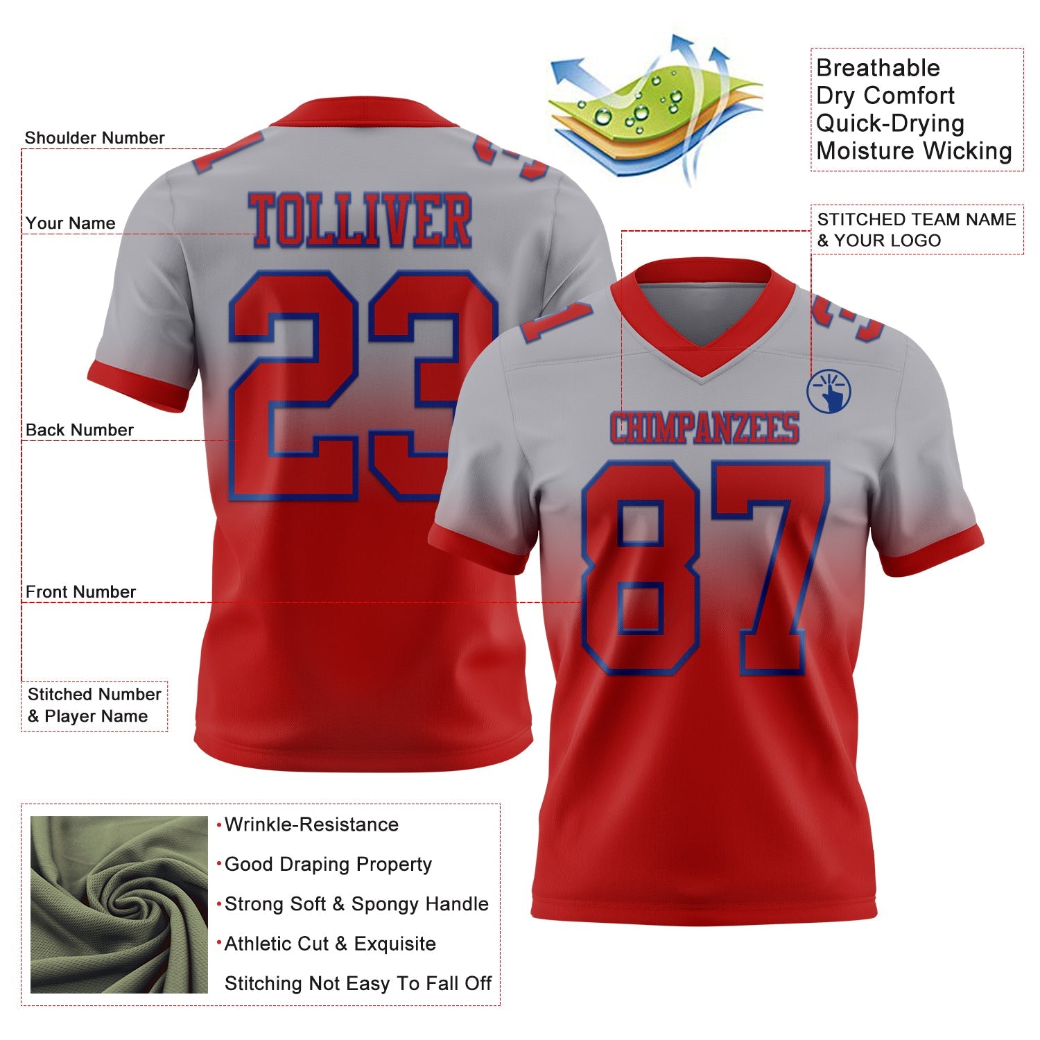 Custom Gray Red-Royal Authentic Fade Fashion Football Jersey view 2