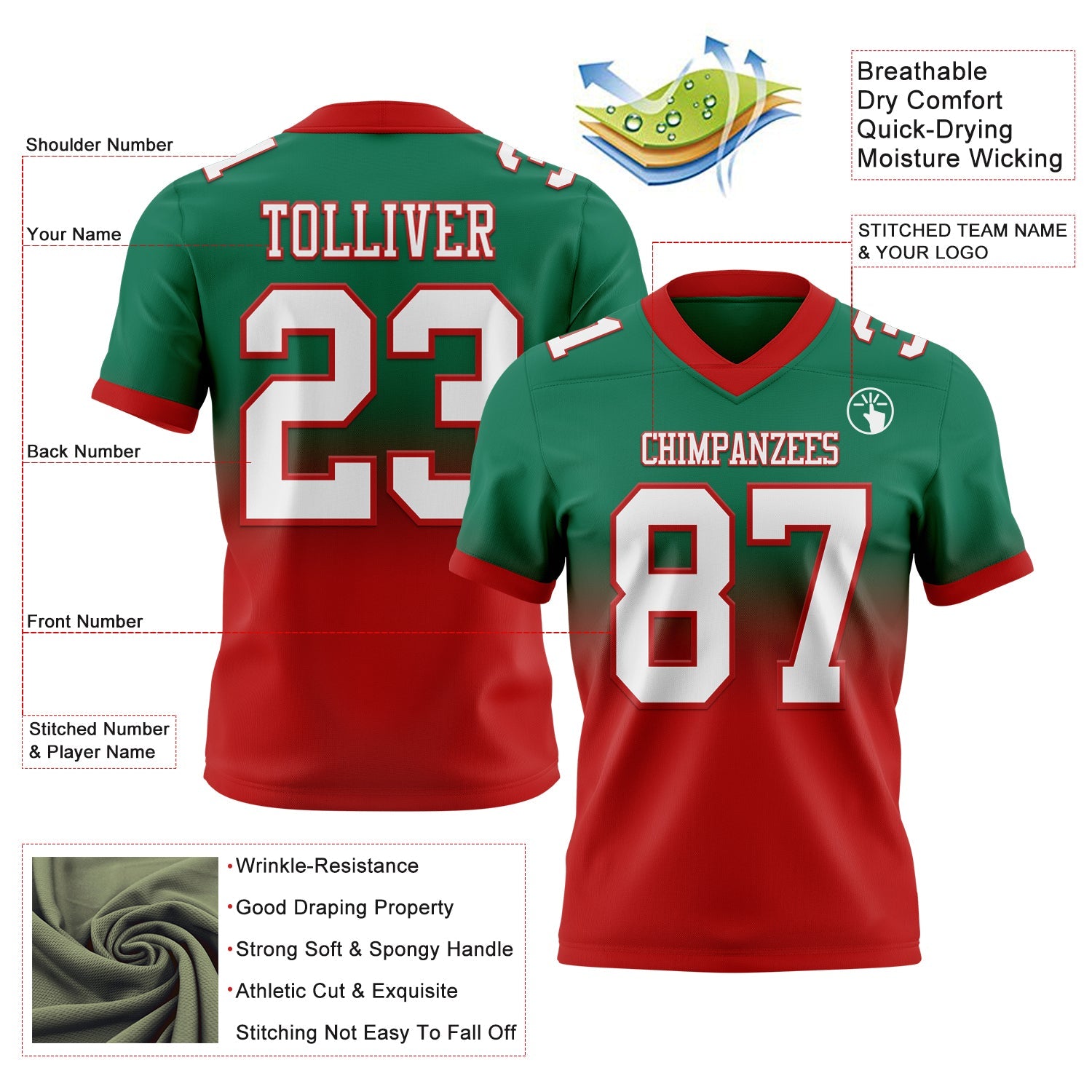 Custom Kelly Green White-Red Authentic Fade Fashion Football Jersey view 2