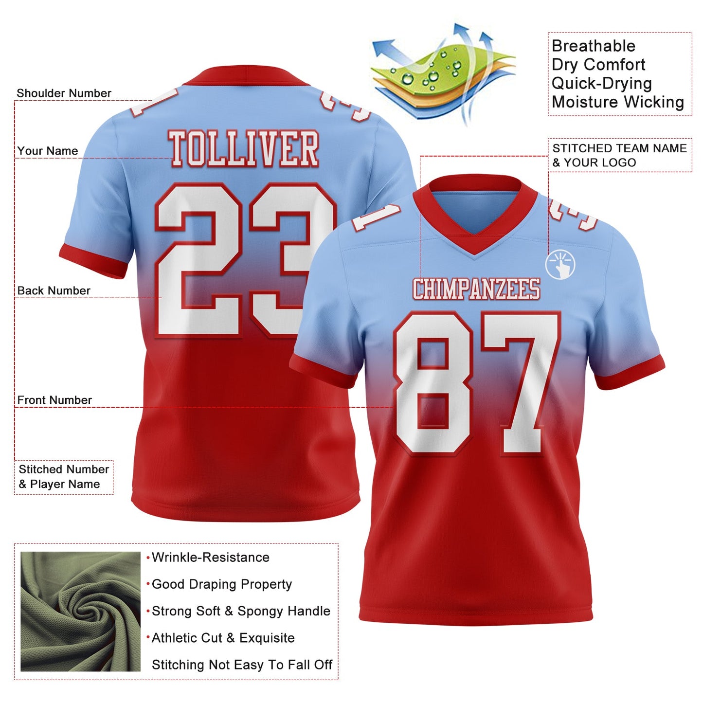 Custom Light Blue White-Red Authentic Fade Fashion Football Jersey view 2