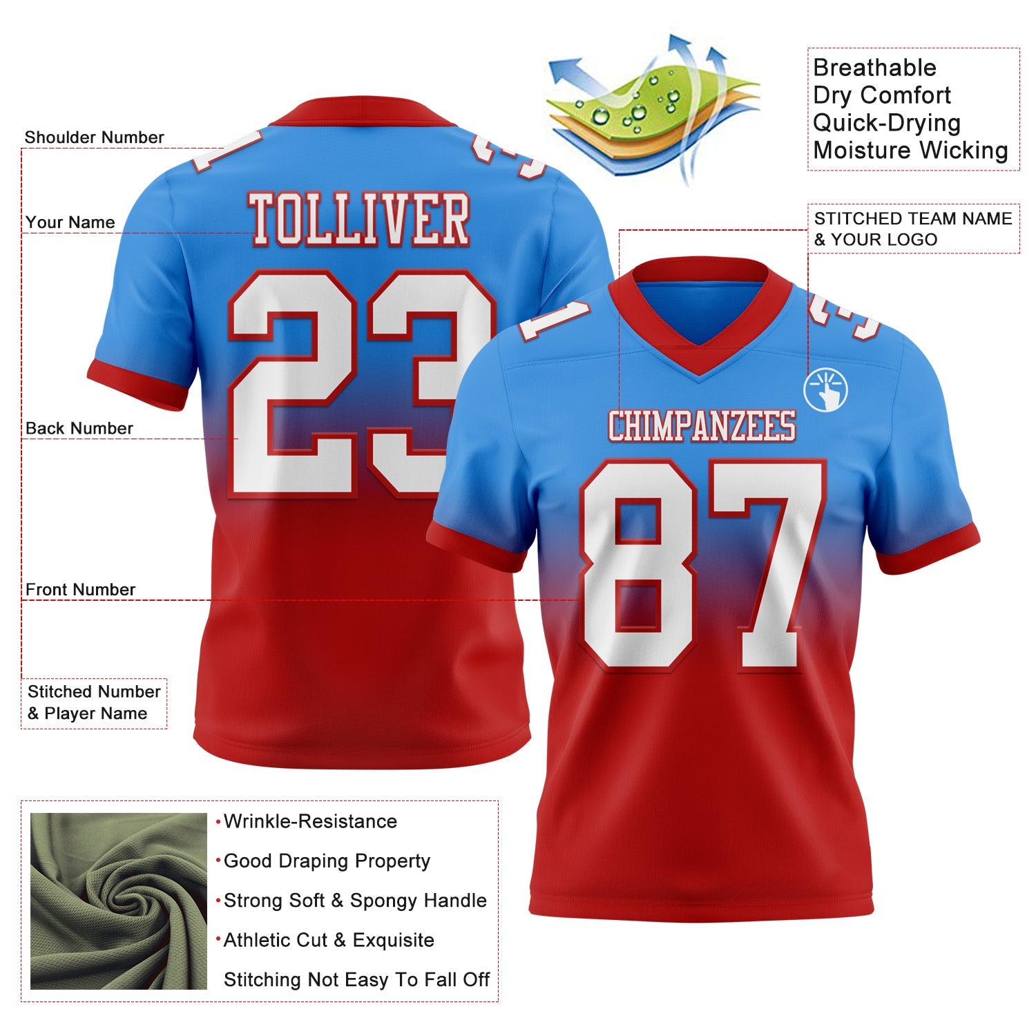 Custom Powder Blue White-Red Authentic Fade Fashion Football Jersey view 2