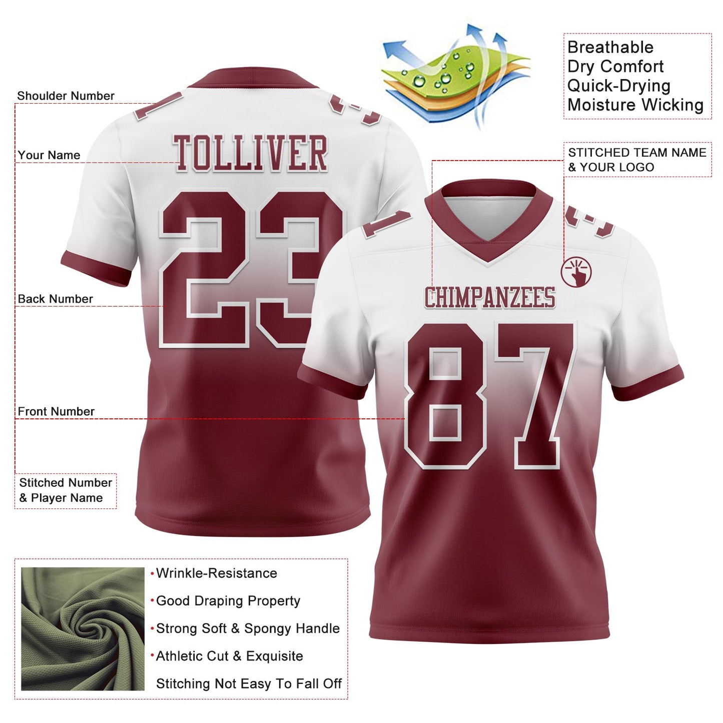 Custom White Burgundy Authentic Fade Fashion Football Jersey view 2