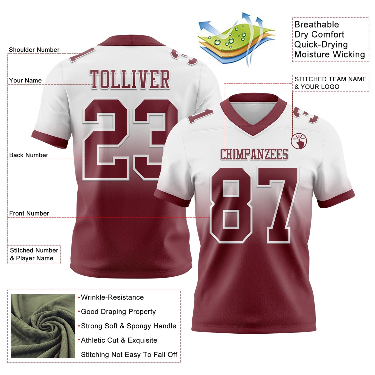 Custom White Burgundy Authentic Fade Fashion Football Jersey view 2