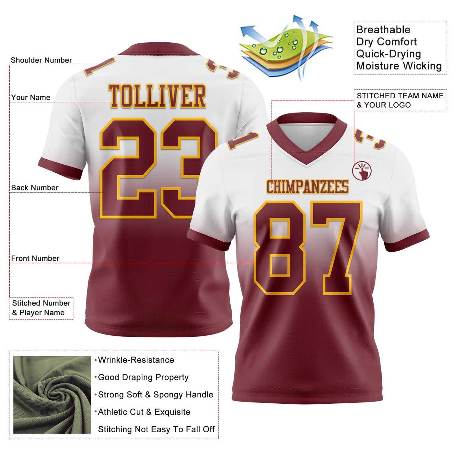 Custom White Burgundy-Gold Authentic Fade Fashion Football Jersey view 2