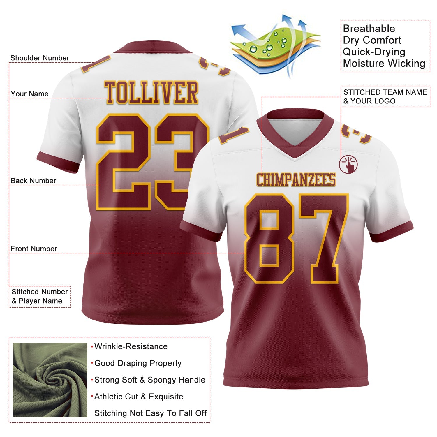 Custom White Burgundy-Gold Authentic Fade Fashion Football Jersey view 2