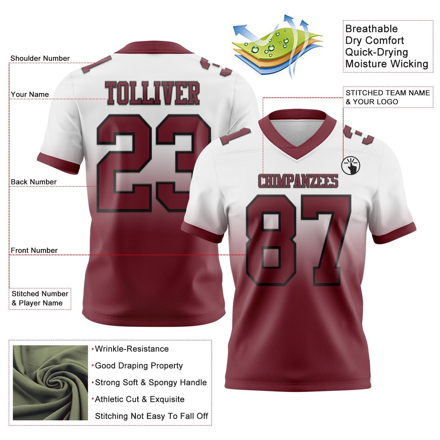 Custom White Burgundy-Black Authentic Fade Fashion Football Jersey view 2