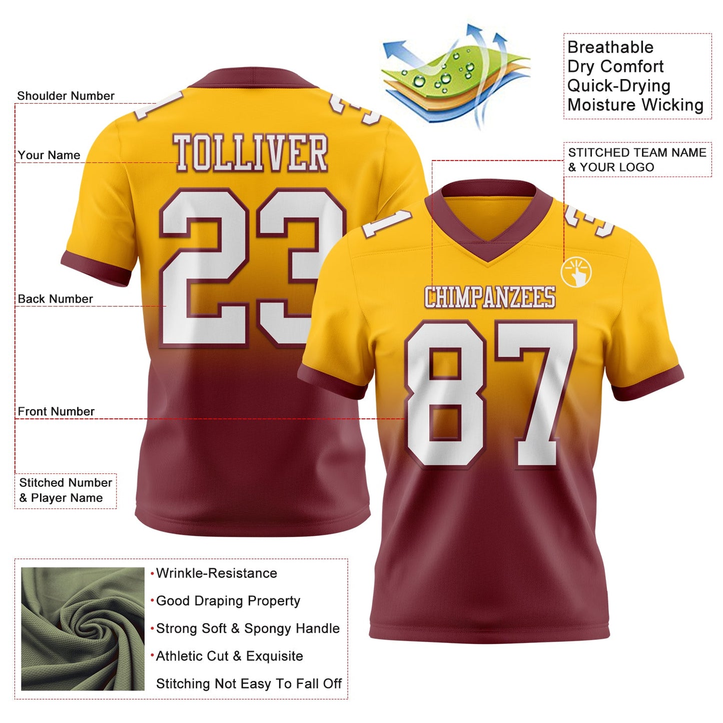 Custom Gold White-Burgundy Authentic Fade Fashion Football Jersey view 2