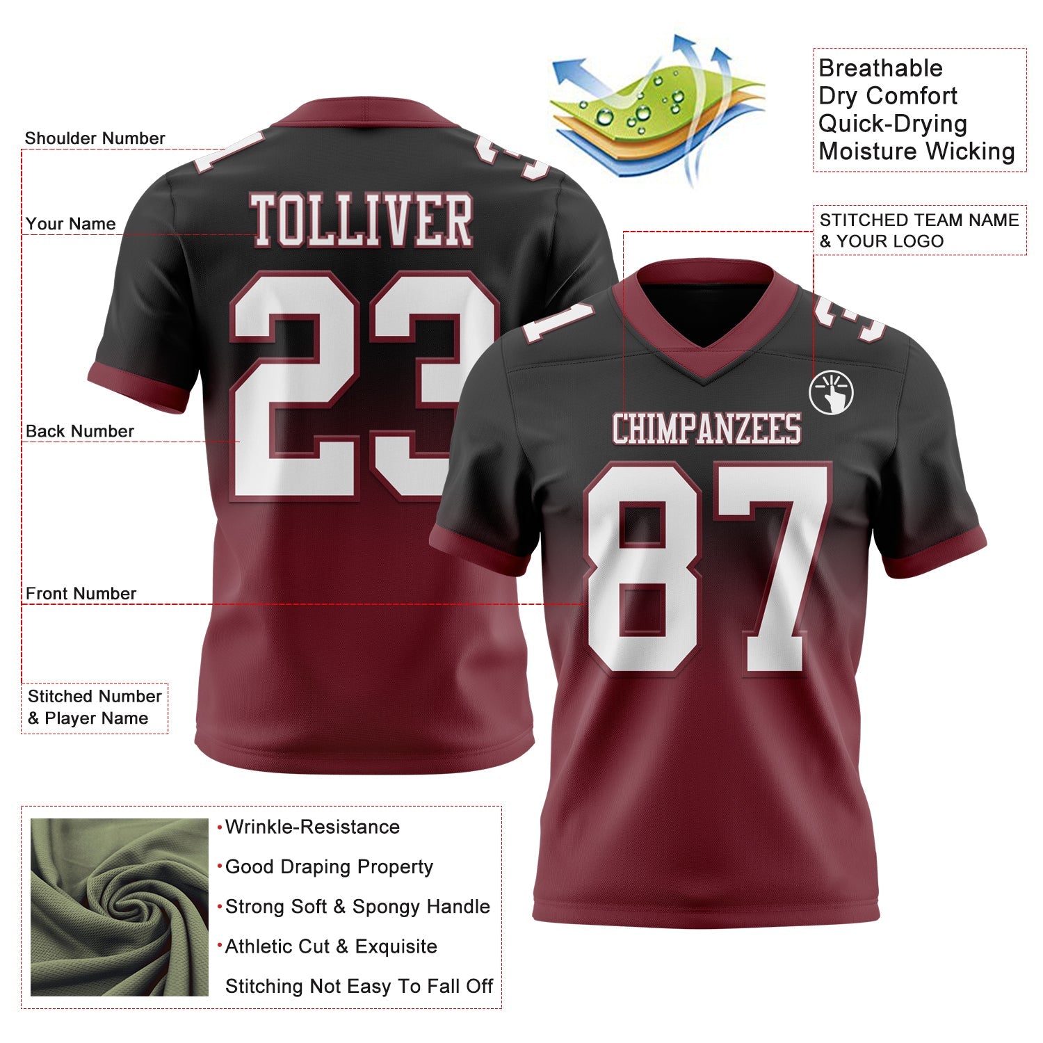 Custom Black White-Burgundy Authentic Fade Fashion Football Jersey view 2