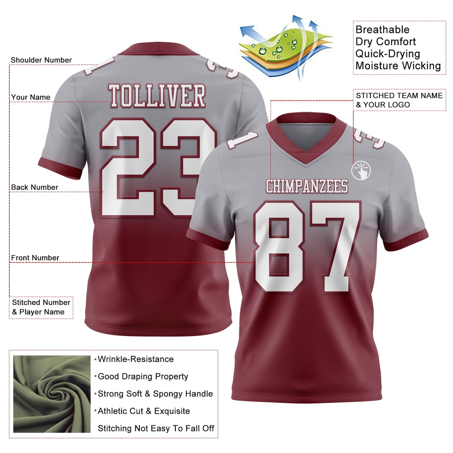 Custom Gray White-Burgundy Authentic Fade Fashion Football Jersey view 2