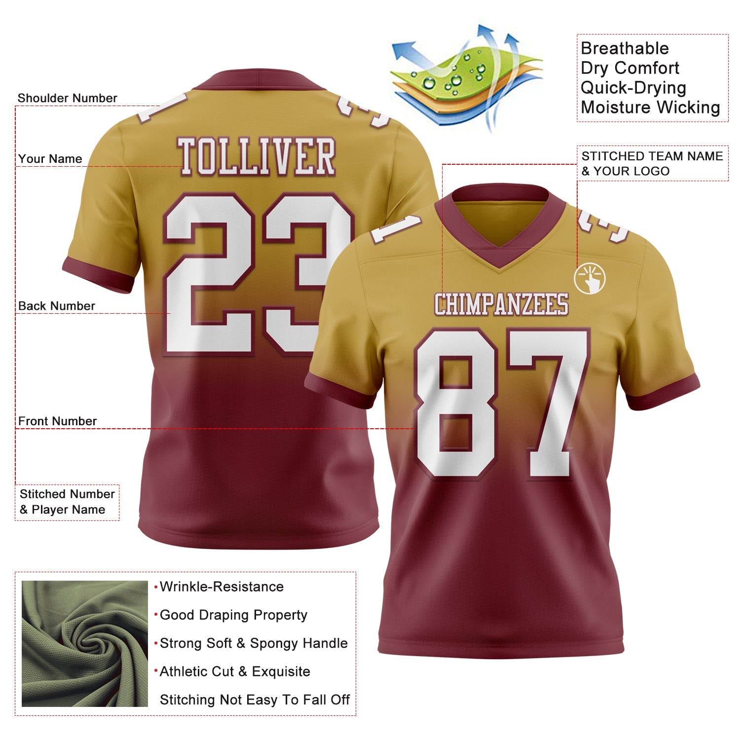 Custom Old Gold White-Burgundy Authentic Fade Fashion Football Jersey view 2