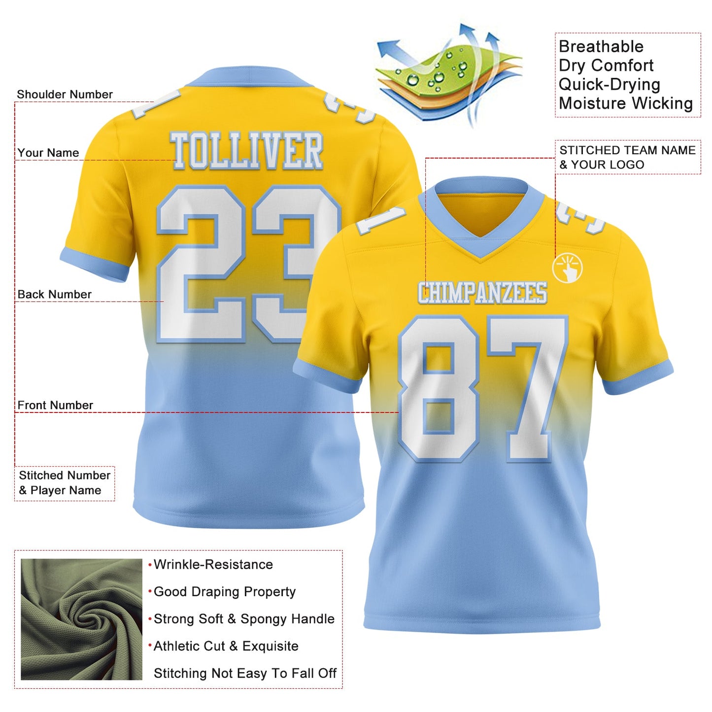 Custom Yellow White-Light Blue Authentic Fade Fashion Football Jersey view 2