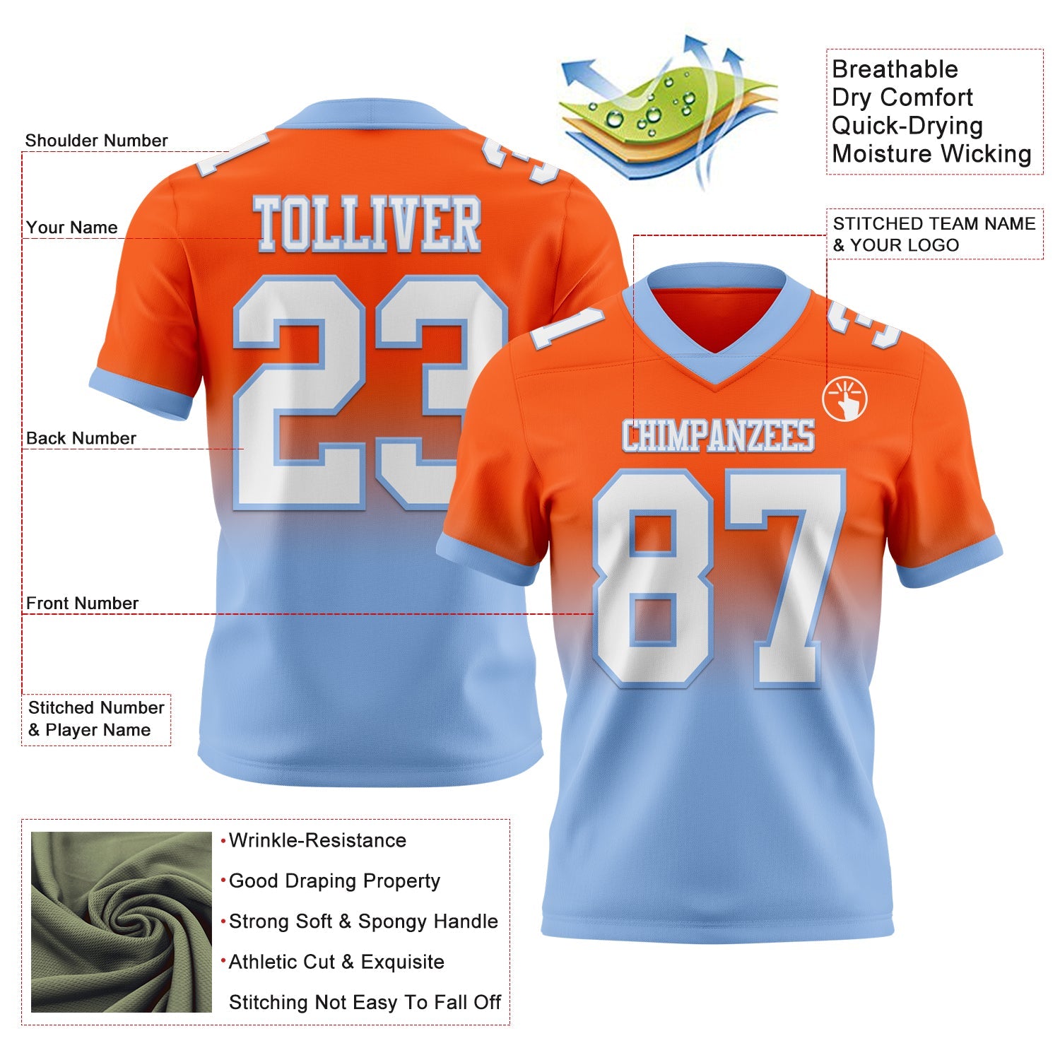 Custom Orange White-Light Blue Authentic Fade Fashion Football Jersey view 2
