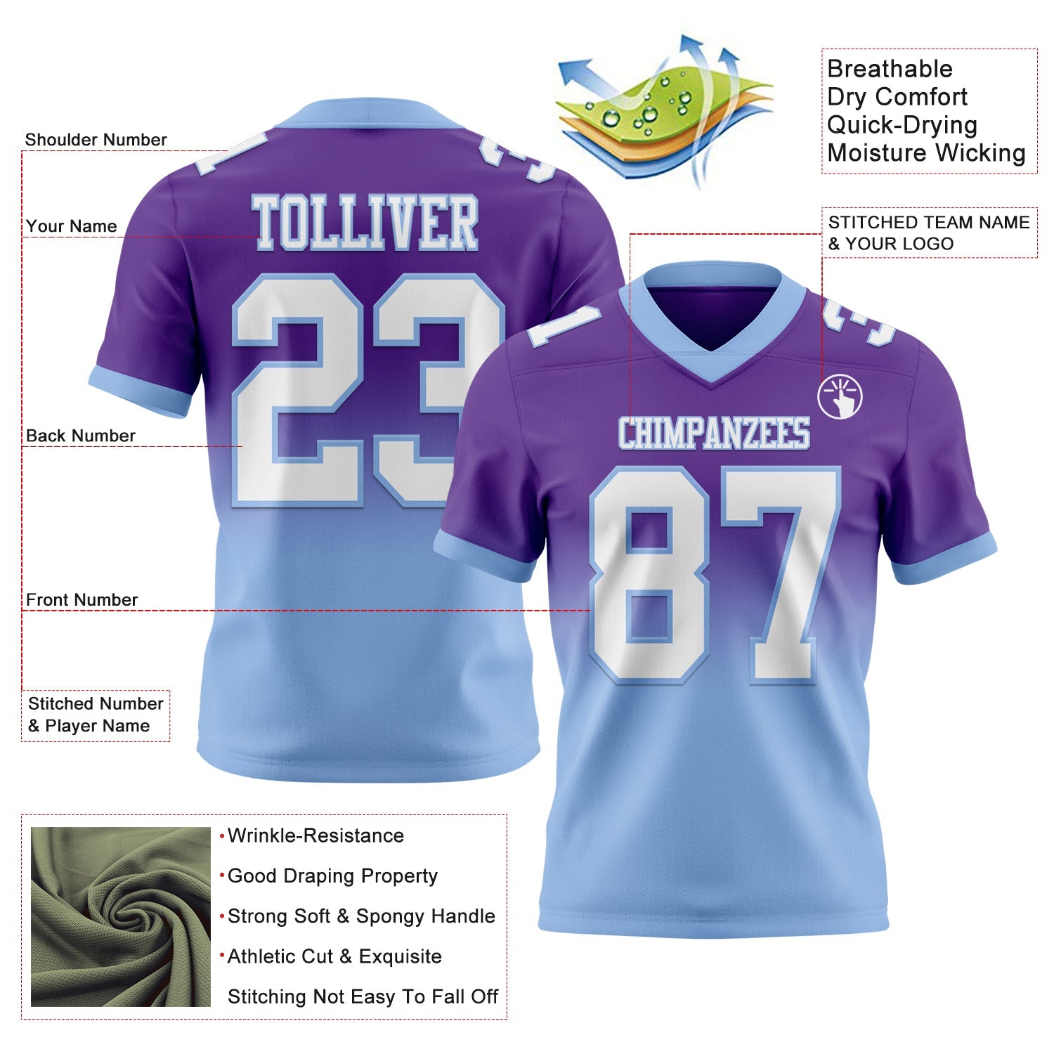 Custom Purple White-Light Blue Authentic Fade Fashion Football Jersey view 2