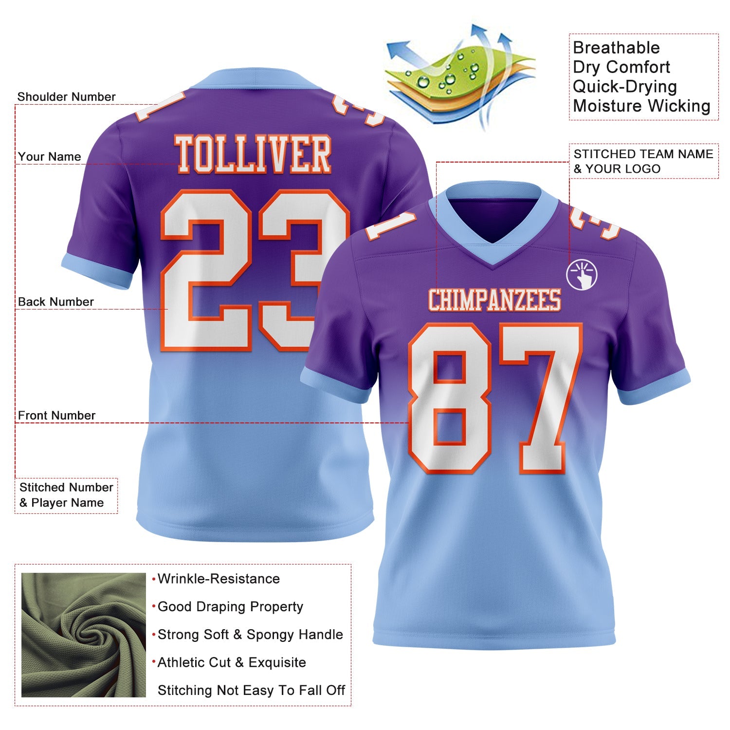 Custom Purple White Light Blue-Orange Authentic Fade Fashion Football Jersey view 2