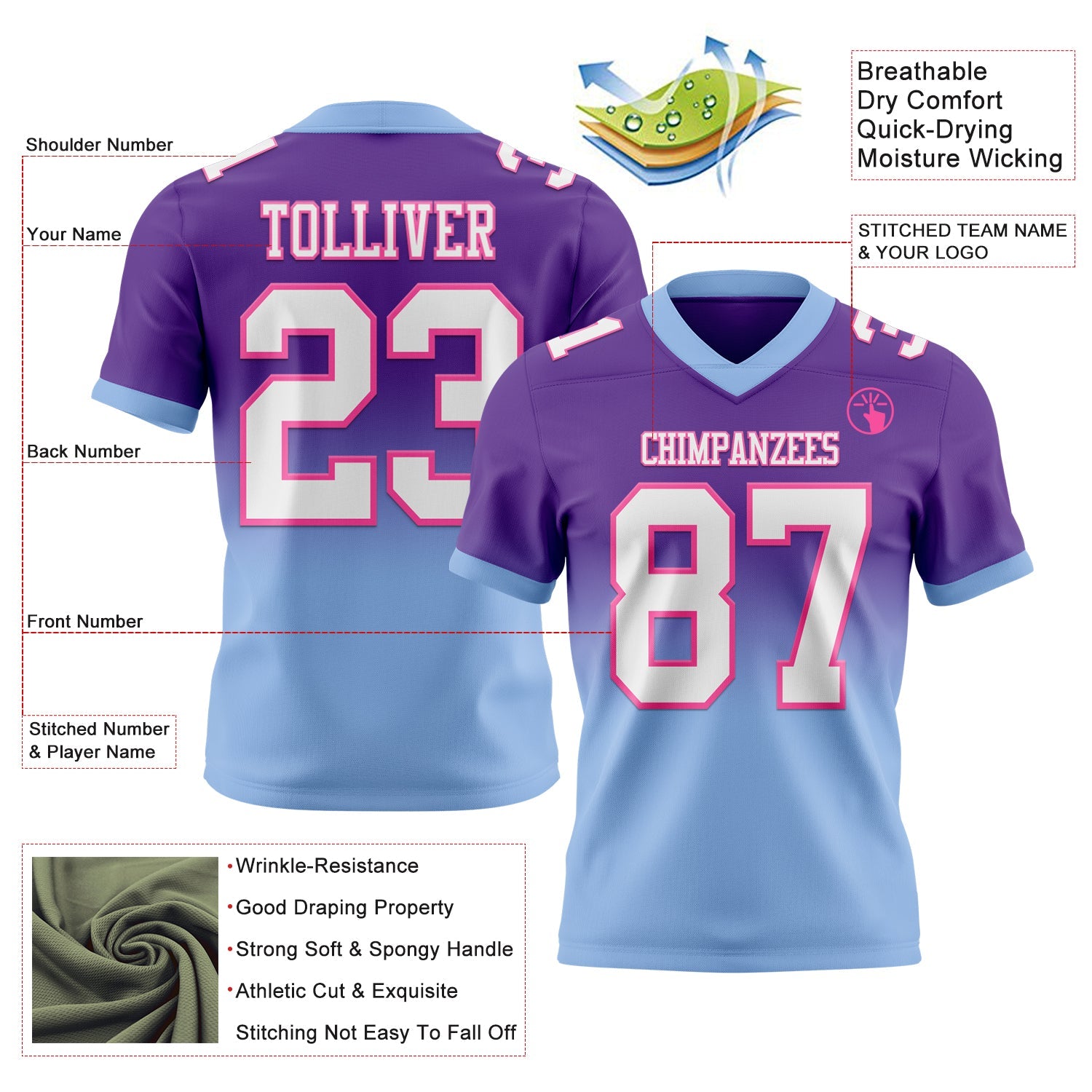 Custom Purple White Light Blue-Pink Authentic Fade Fashion Football Jersey view 2