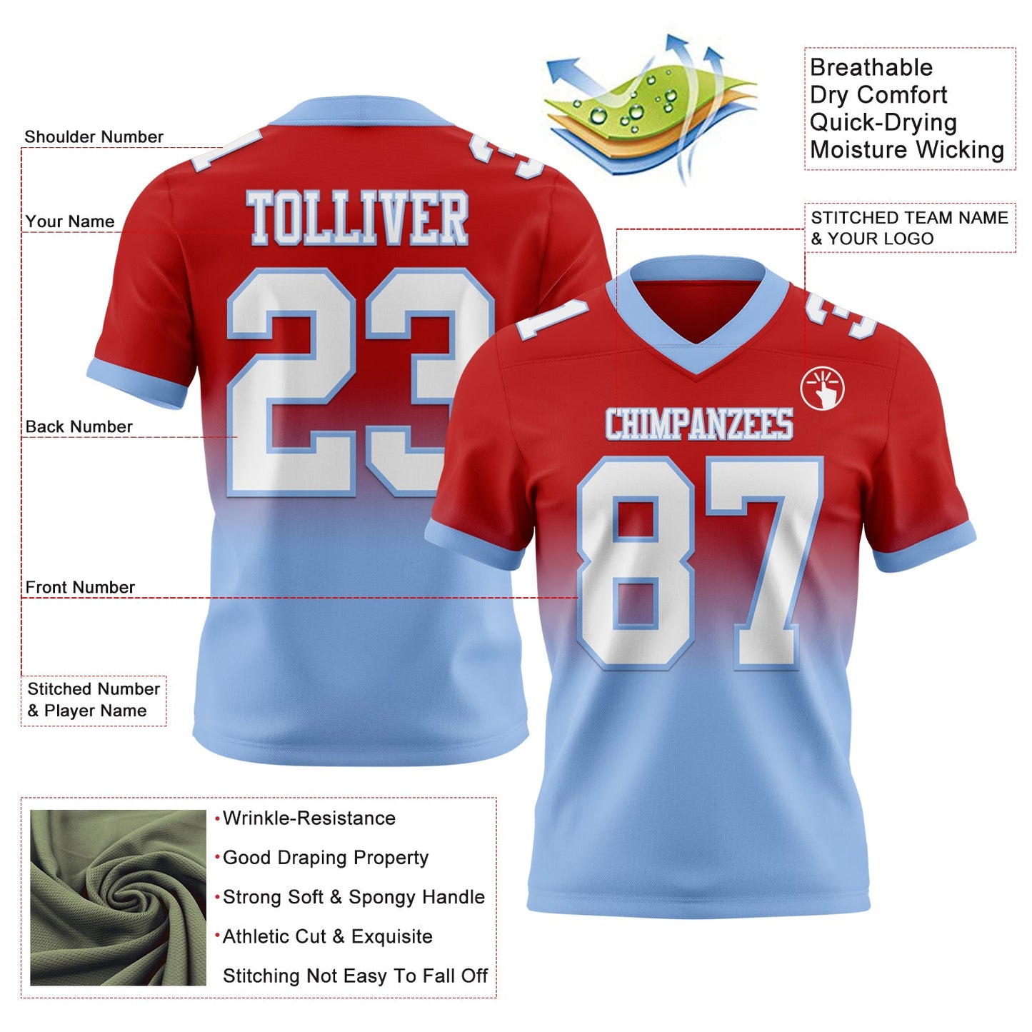 Custom Red White-Light Blue Authentic Fade Fashion Football Jersey view 2