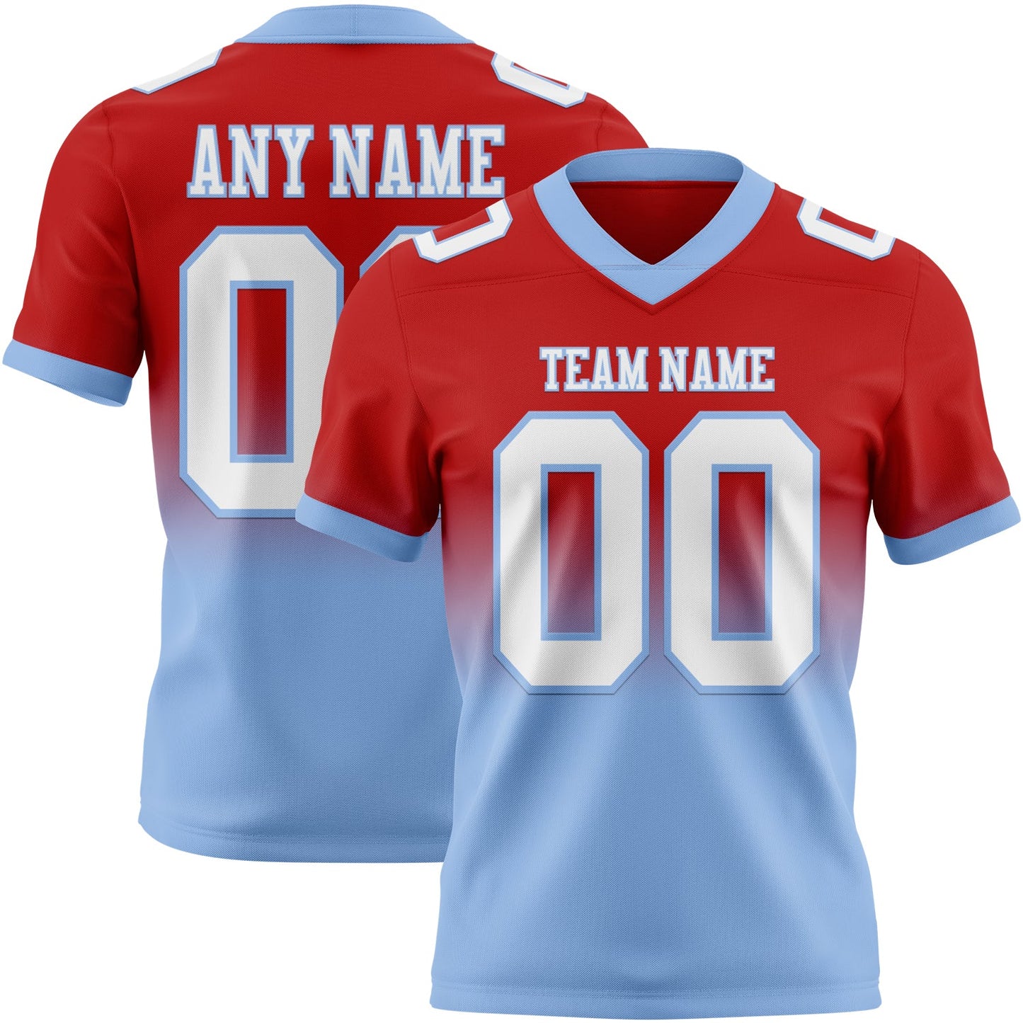 Custom Red White-Light Blue Authentic Fade Fashion Football Jersey - Main View
